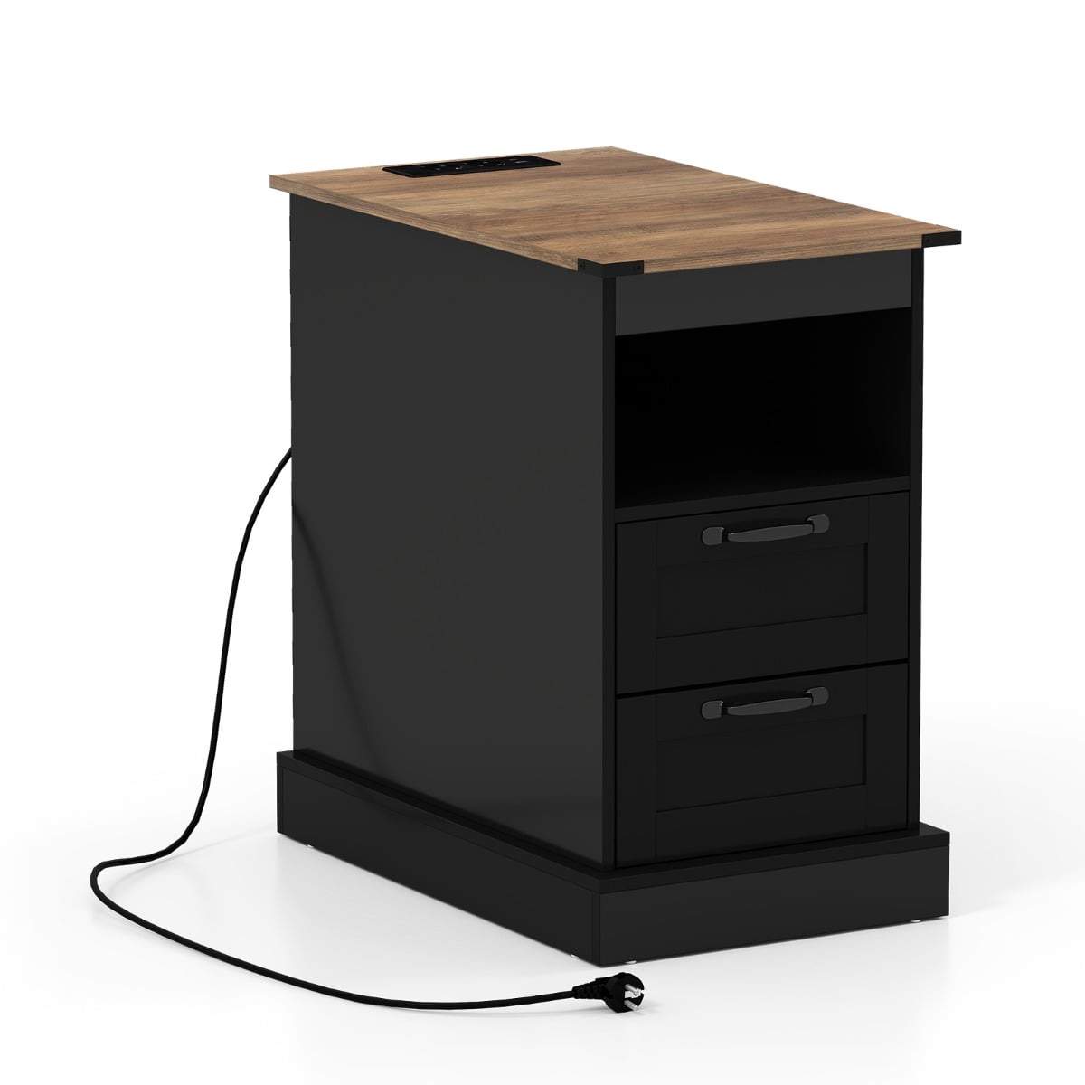 Natbord med ladestation – Sort, 2 skuffer, åben hylde