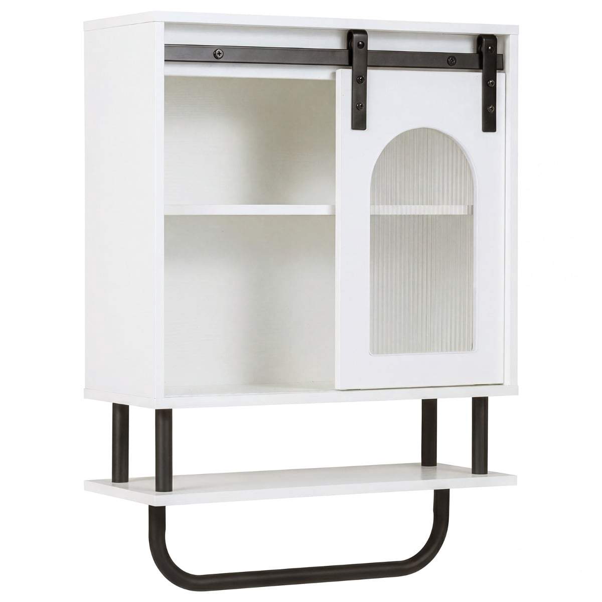 Vægmonteret badeværelsesskab med håndklædeholder og hylde