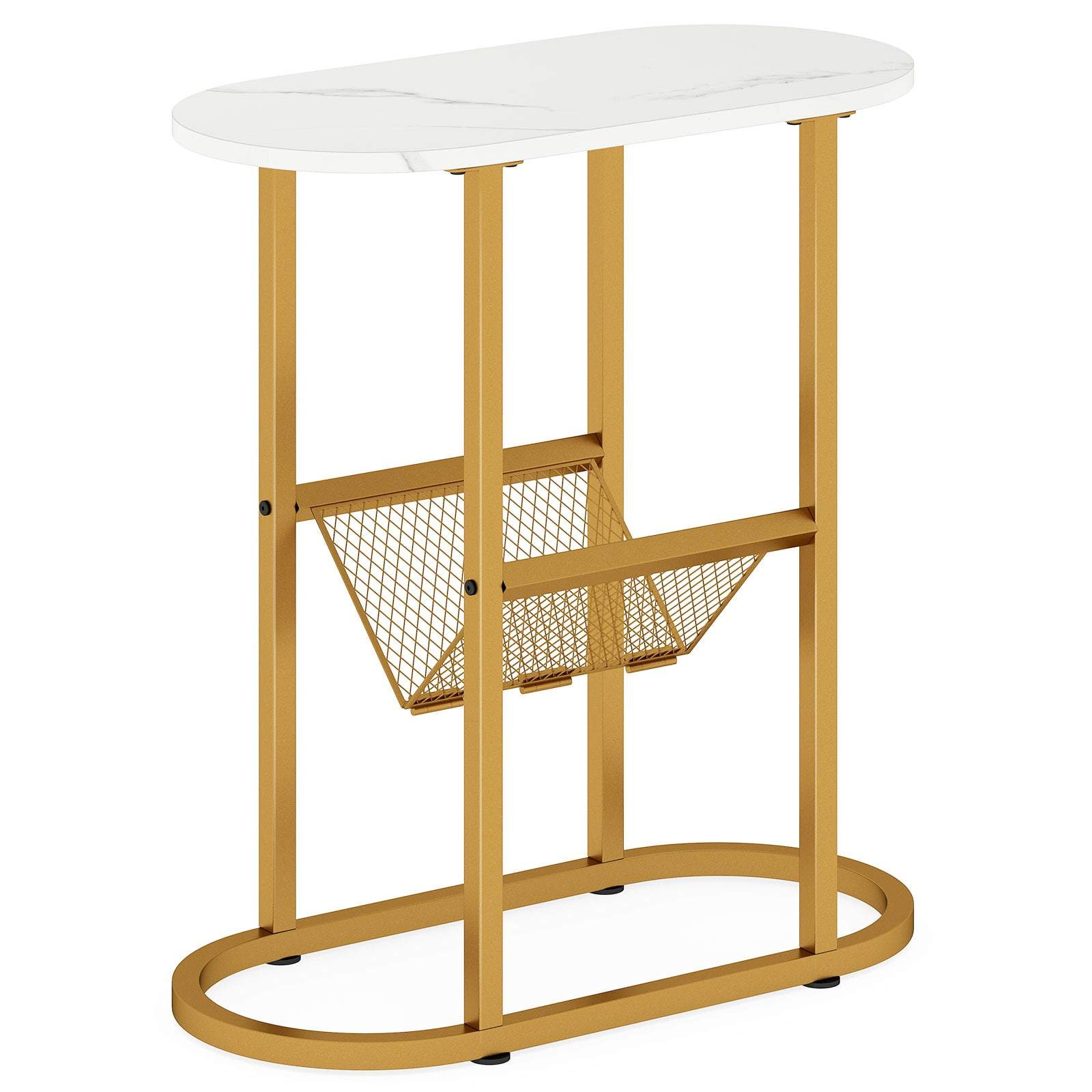 Ovalt sidebord med magasinholder – pladsbesparende design