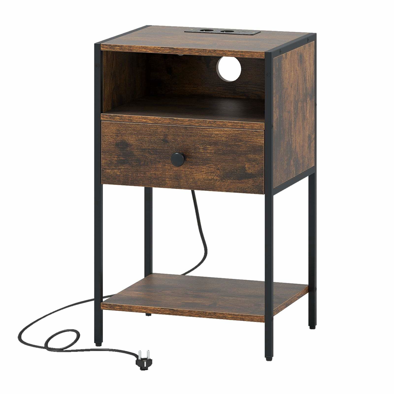 Natbord med ladestation – Rustik brun, USB & Type-C