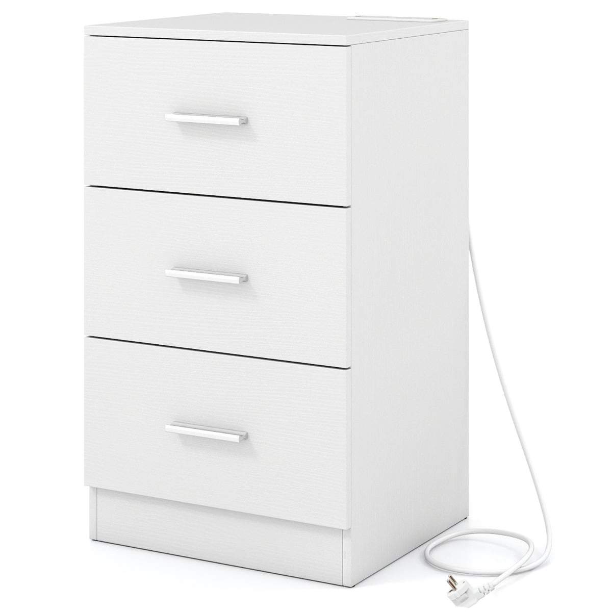 Natbord med ladestation – 3 skuffer, hvid