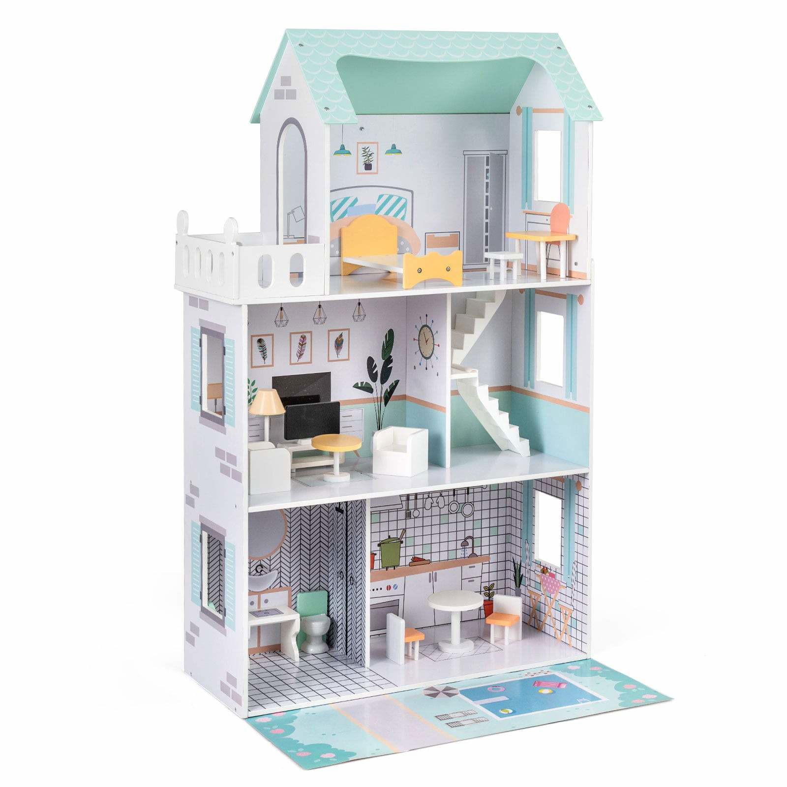 Trædukkehus med 17-delt møbelsæt – Grøn