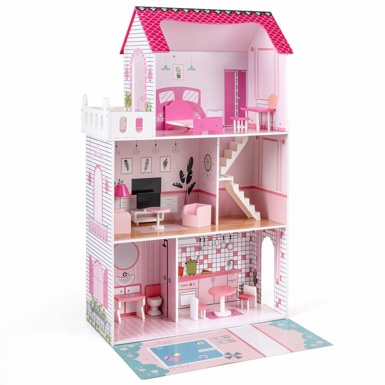 Trædukkehus med 17-delt møbelsæt – 3 etager