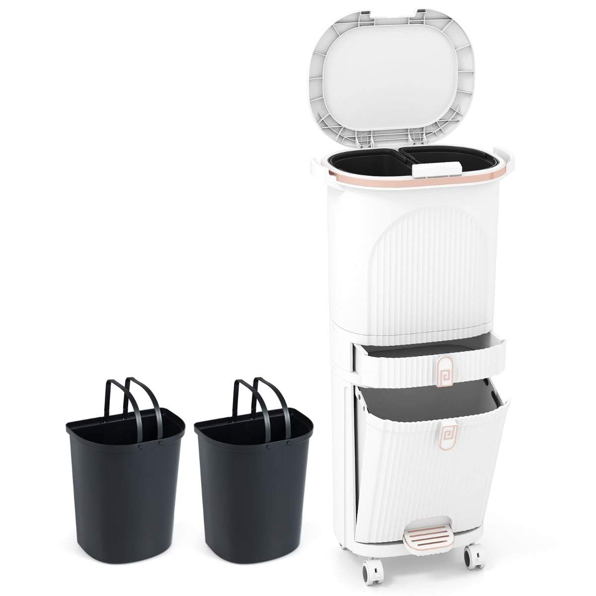 42L køkkenaffaldsspand – 3 rum, pedal, hjul