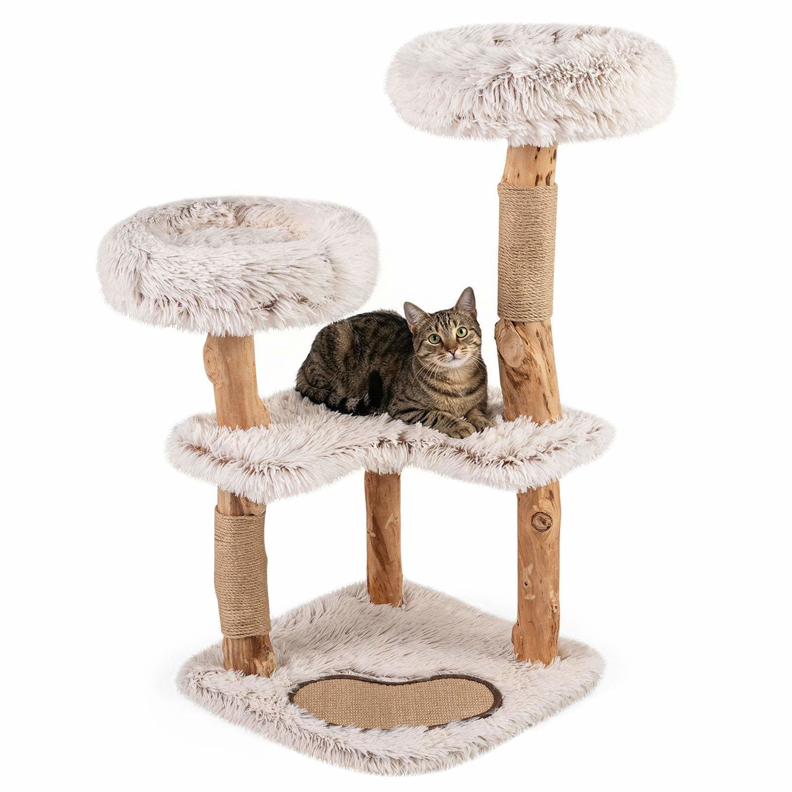 Kattträd i naturträ med jutestolpar och plyschbäddar | Hem & Hobby | Pryloteket