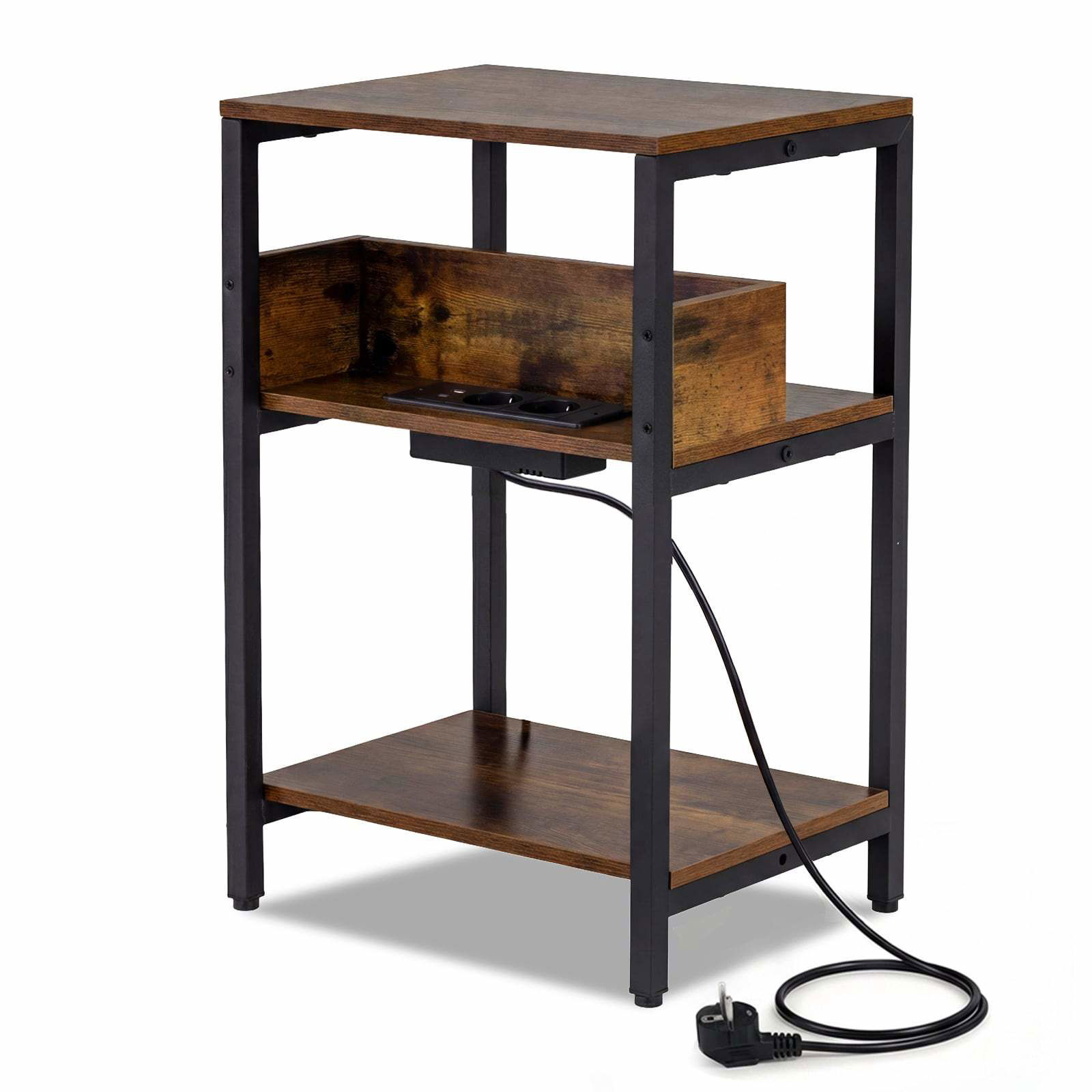 Rustikt brunt nattduksbord med laddningsstation och hyllor | Hem & Hobby | Pryloteket