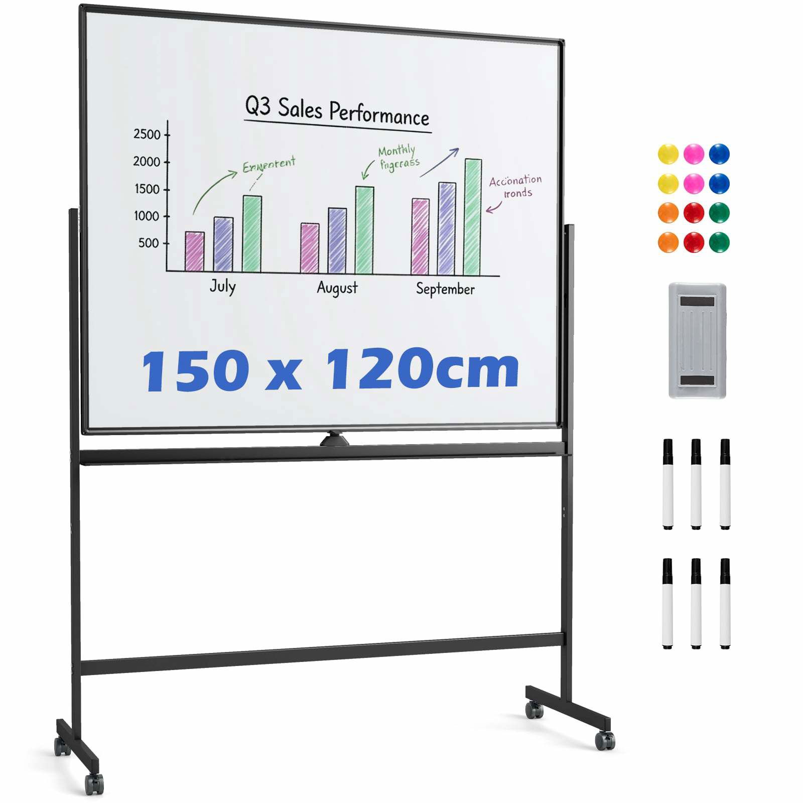 Mobil dobbeltsidet magnetisk whiteboardtavle med justerbar stativ