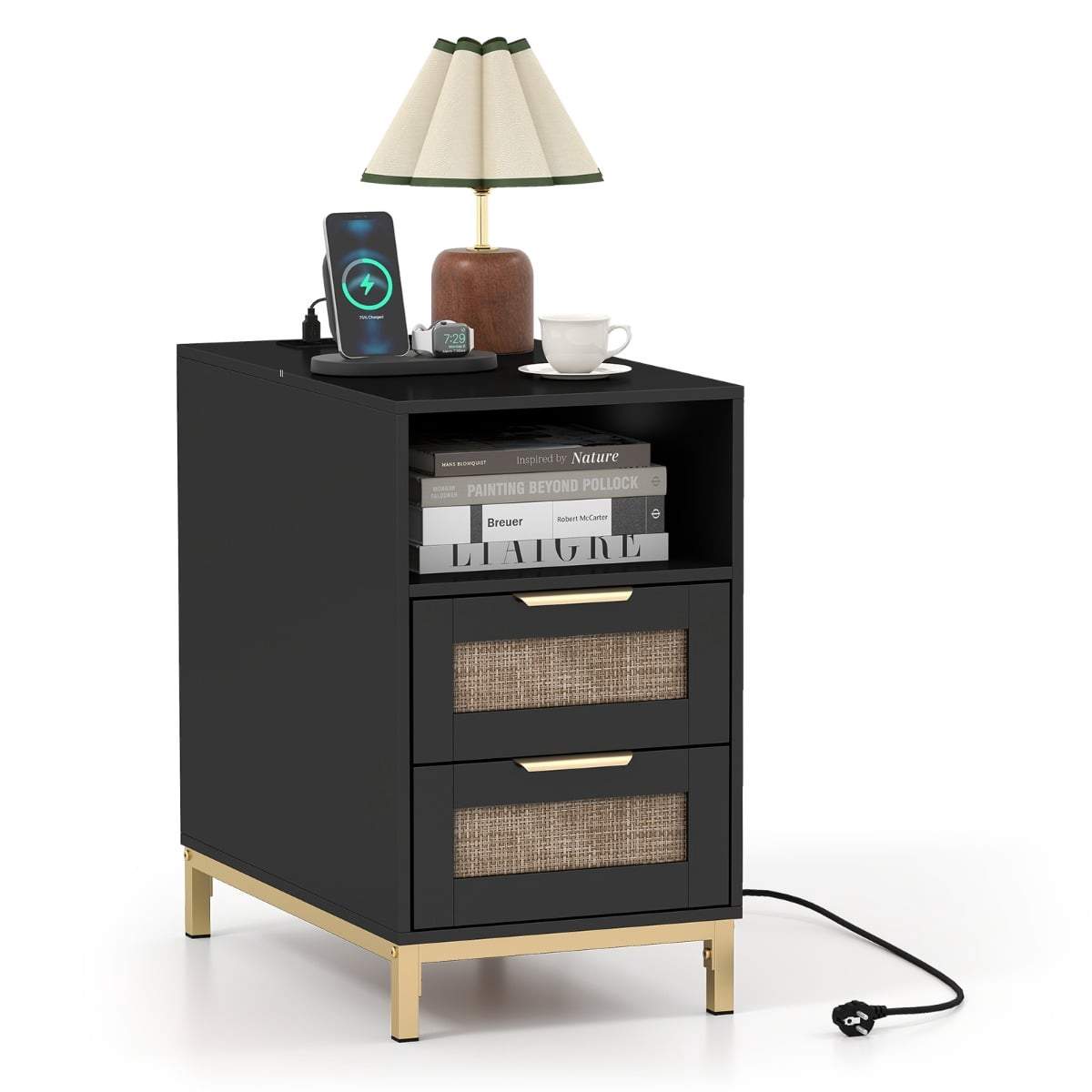 Natbord med ladestation og 2 skuffer – Rattan og træ