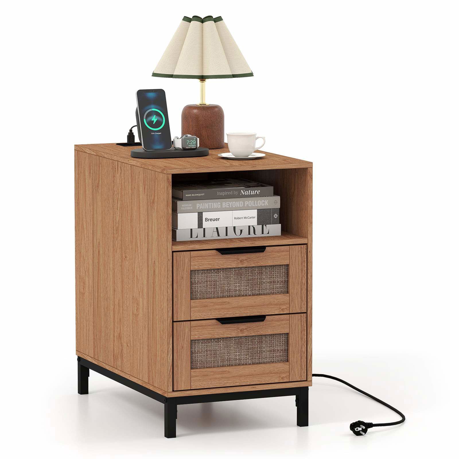 Rattan natbord med ladestation og 2 skuffer