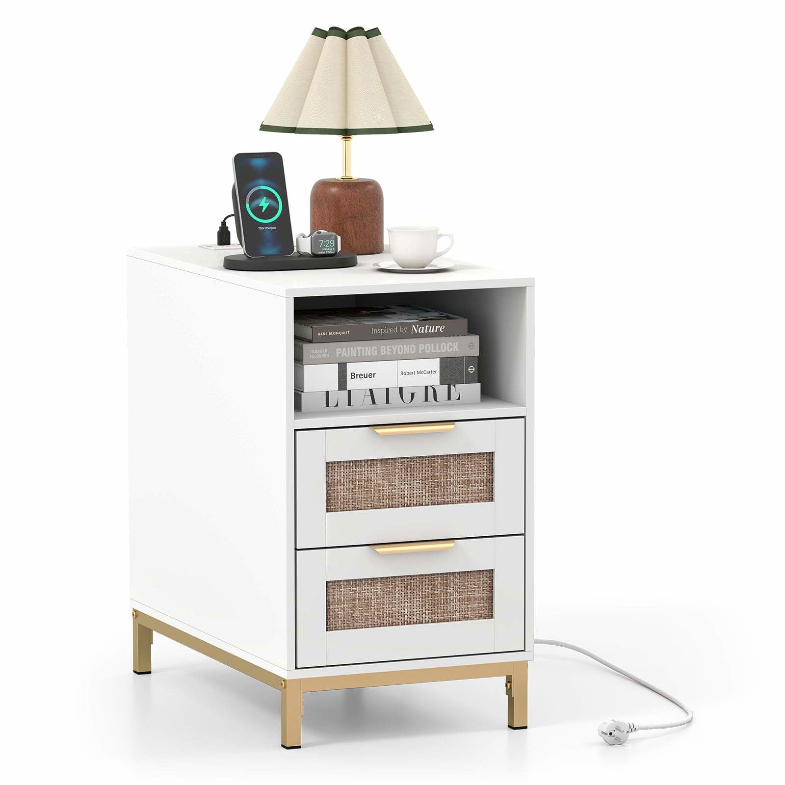 Rattan natbord med ladestation og 2 skuffer