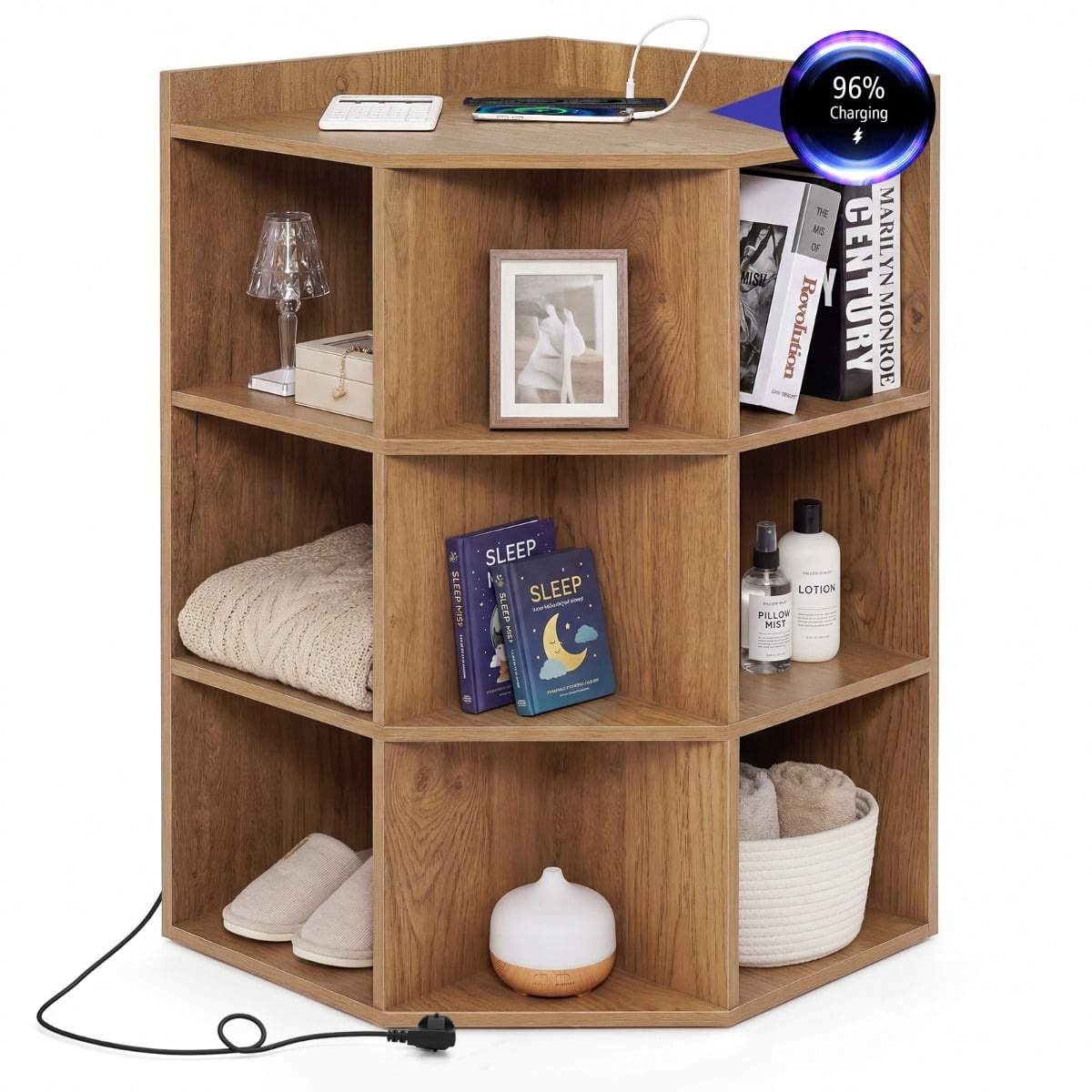 Hjørnebogreol med ladestation – 9 hylder, 2 USB-porte