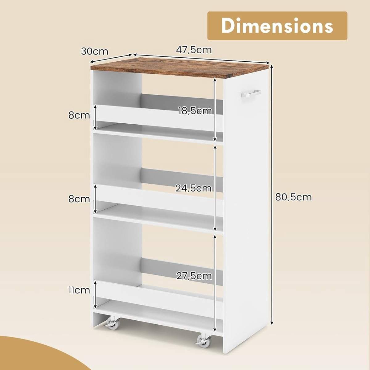 Slank 4-lags rullende køkkenvogn med håndtag og skinner