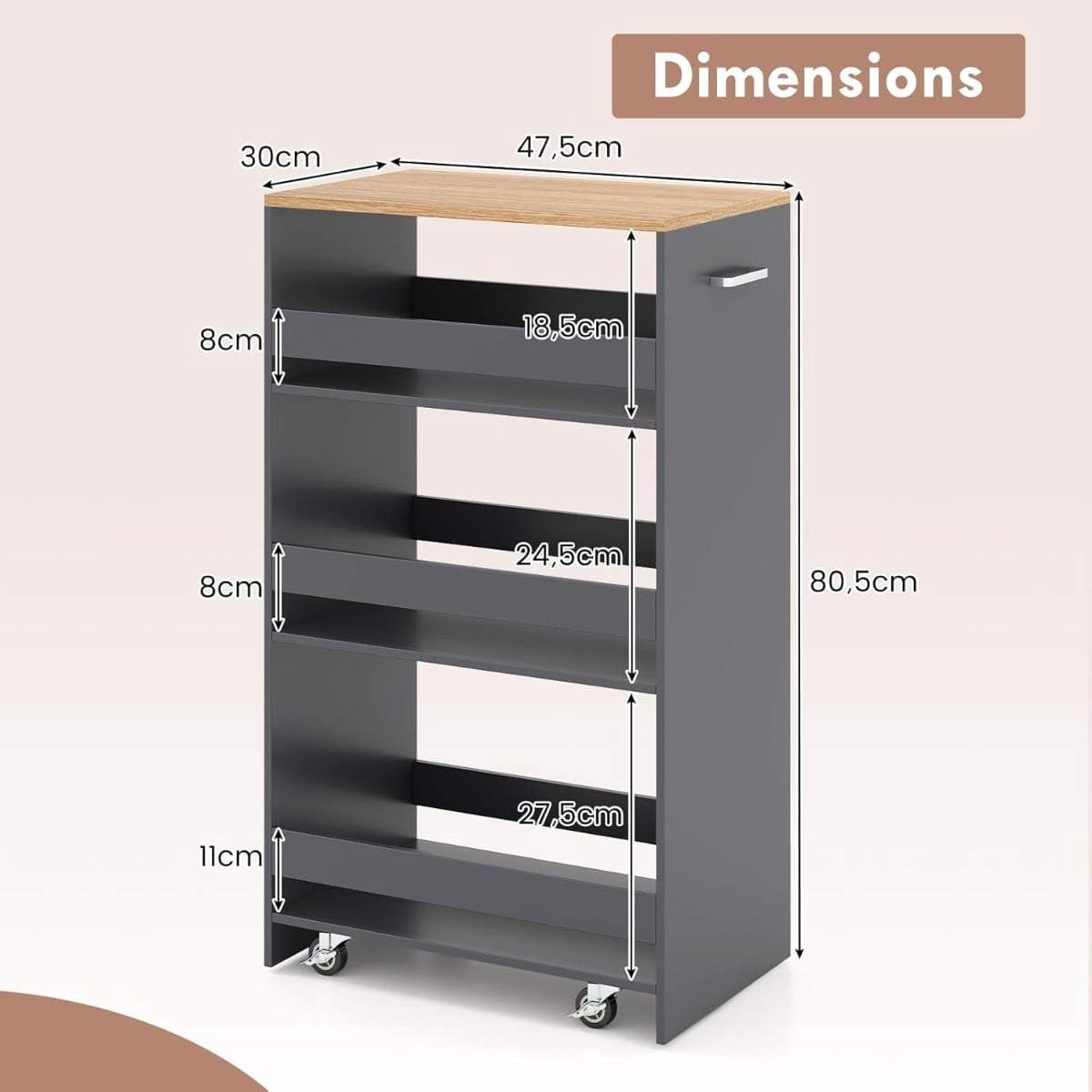 Slank køkkenvogn – 4-lags, grå, letrullende hjul