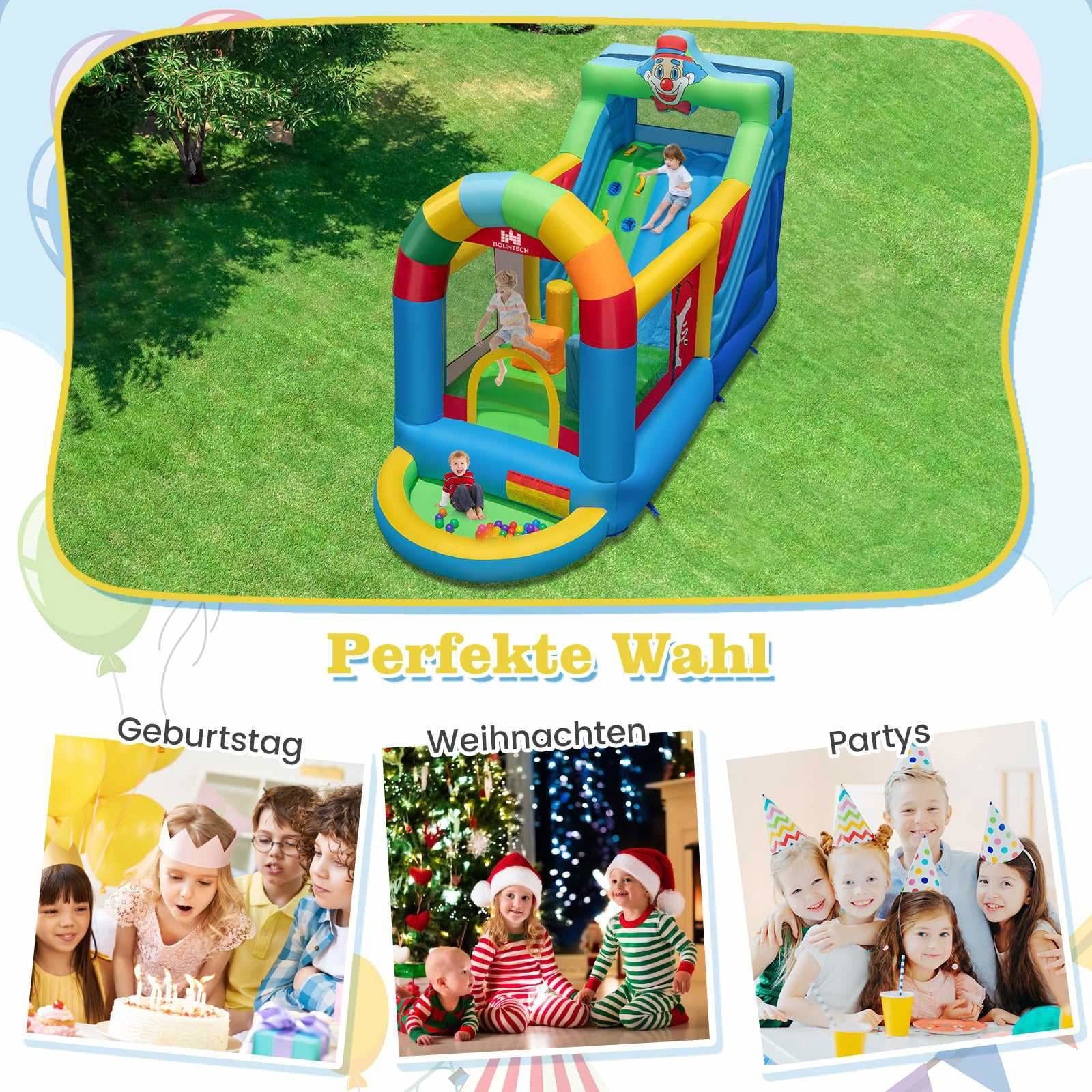 Oppusteligt hoppehus med rutsjebane og boldbassin – 440x185x234 cm