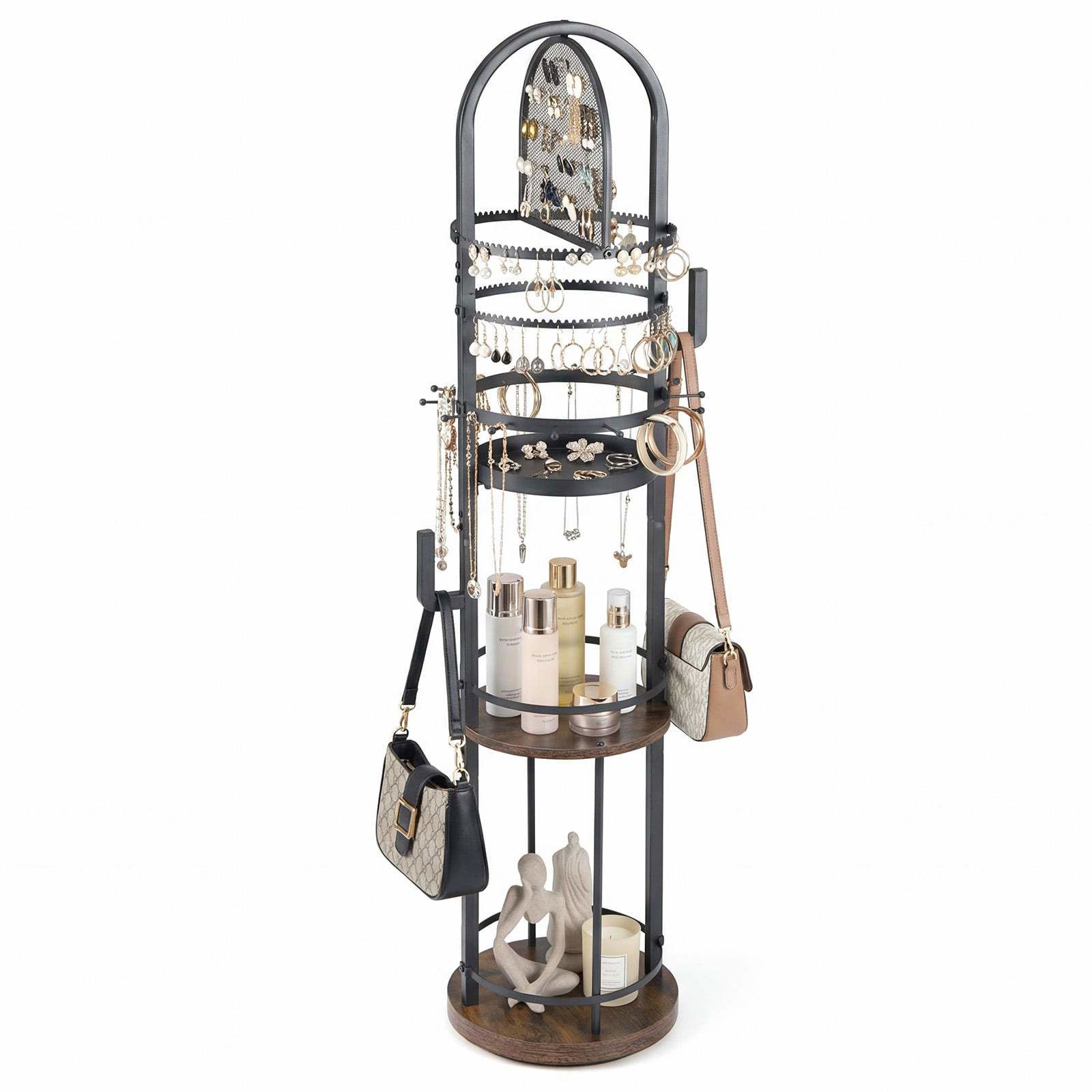 360 grader roterende smykkestativ med øreringe- og halskædeholdere
