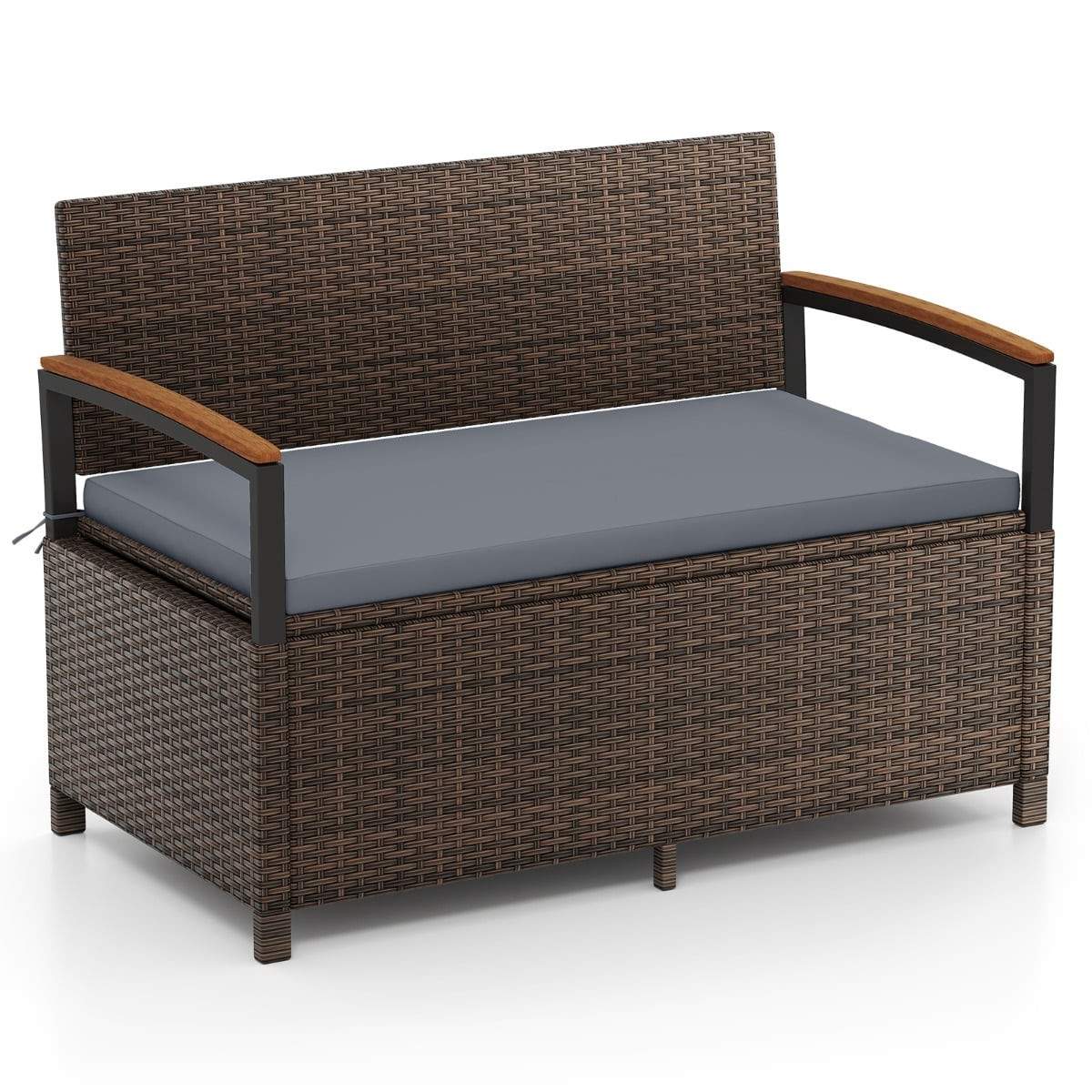 Udendørs opbevaringsbænk, PE-rattan, 175L, hynde inkluderet
