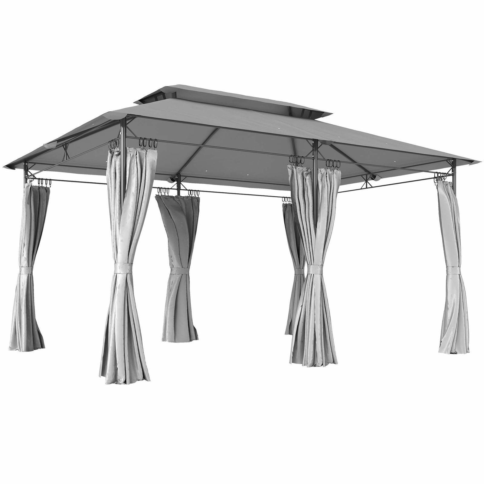 3x4 m pavillon med gardiner, dobbelt tag, metalramme