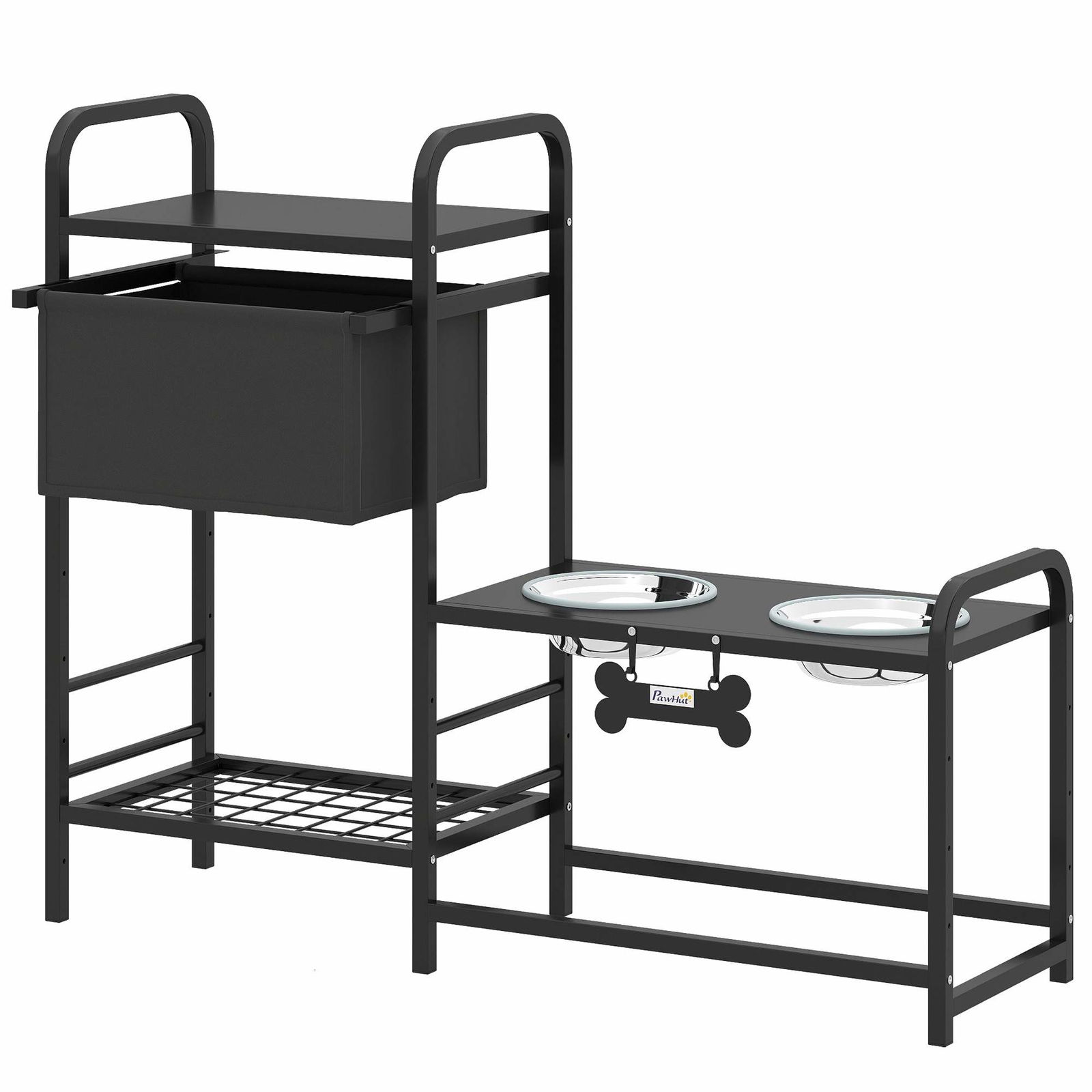 Justerbar foderstation til hunde med opbevaring – 2 skåle i rustfrit stål