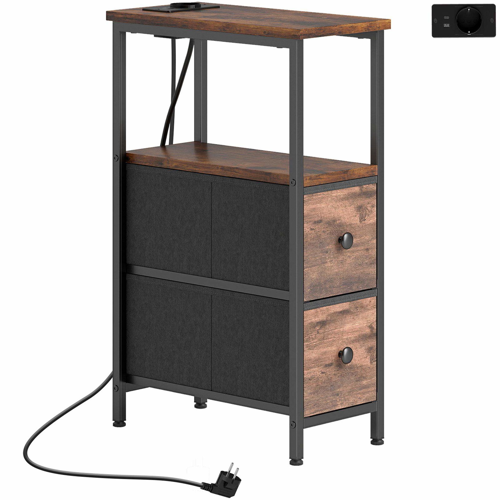 Sidebord med ladestation – Rustik brun, stålstel