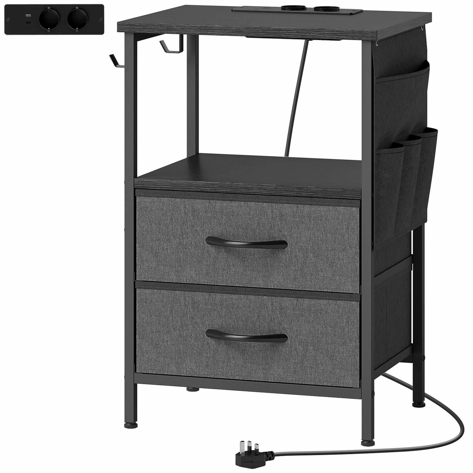 Sidebord med ladestation – sort, 5-i-1 opbevaring