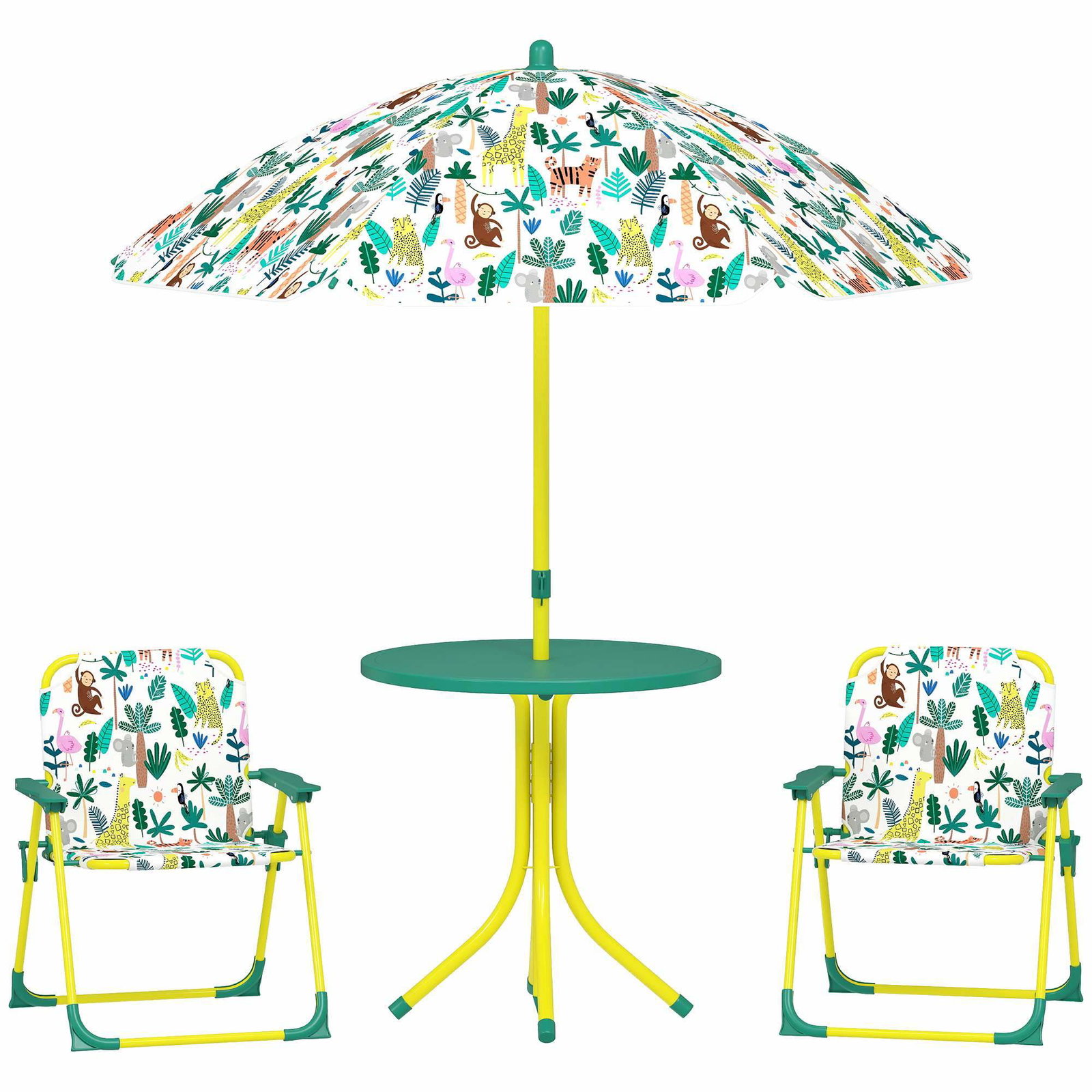 Jungle terrassesæt til børn – bord, 2 stole og justerbar parasol