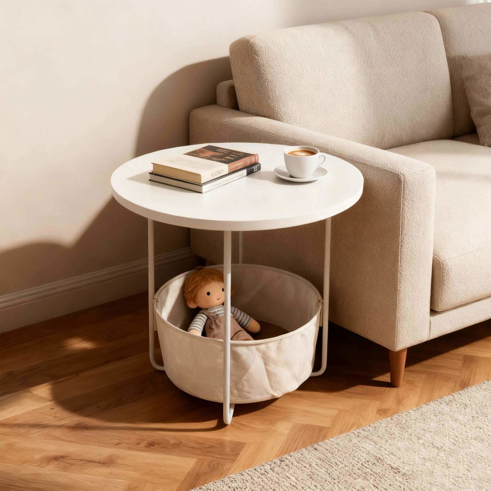 Rundt sidebord med opbevaringskurv – Kompakt og robust