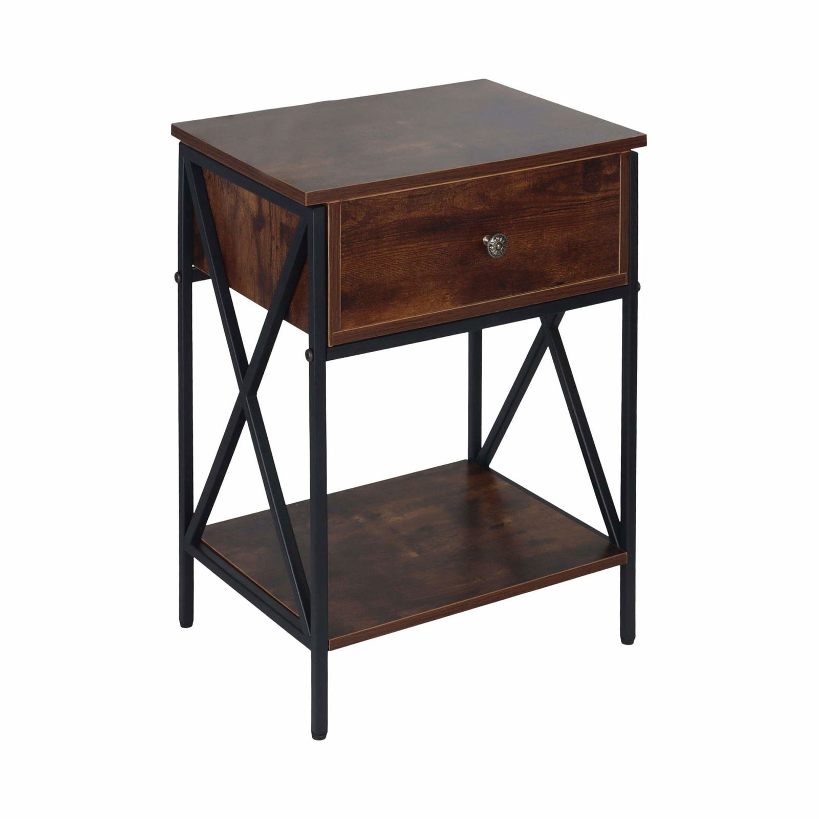 Industrielt sengebord med skuffe og hylde