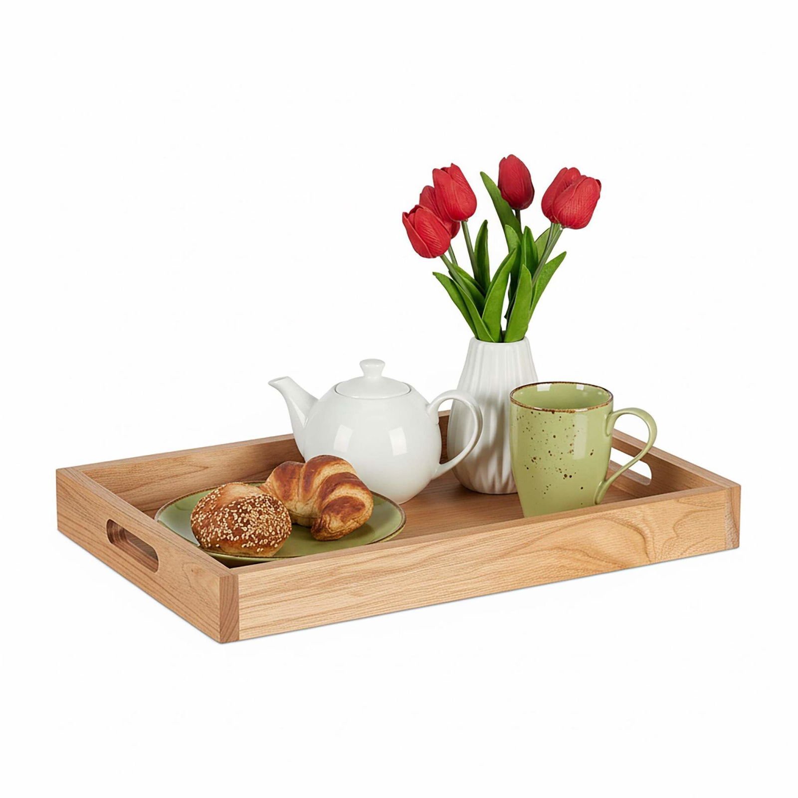 Serveringsbakke i valnød og MDF med håndtag – høj kant