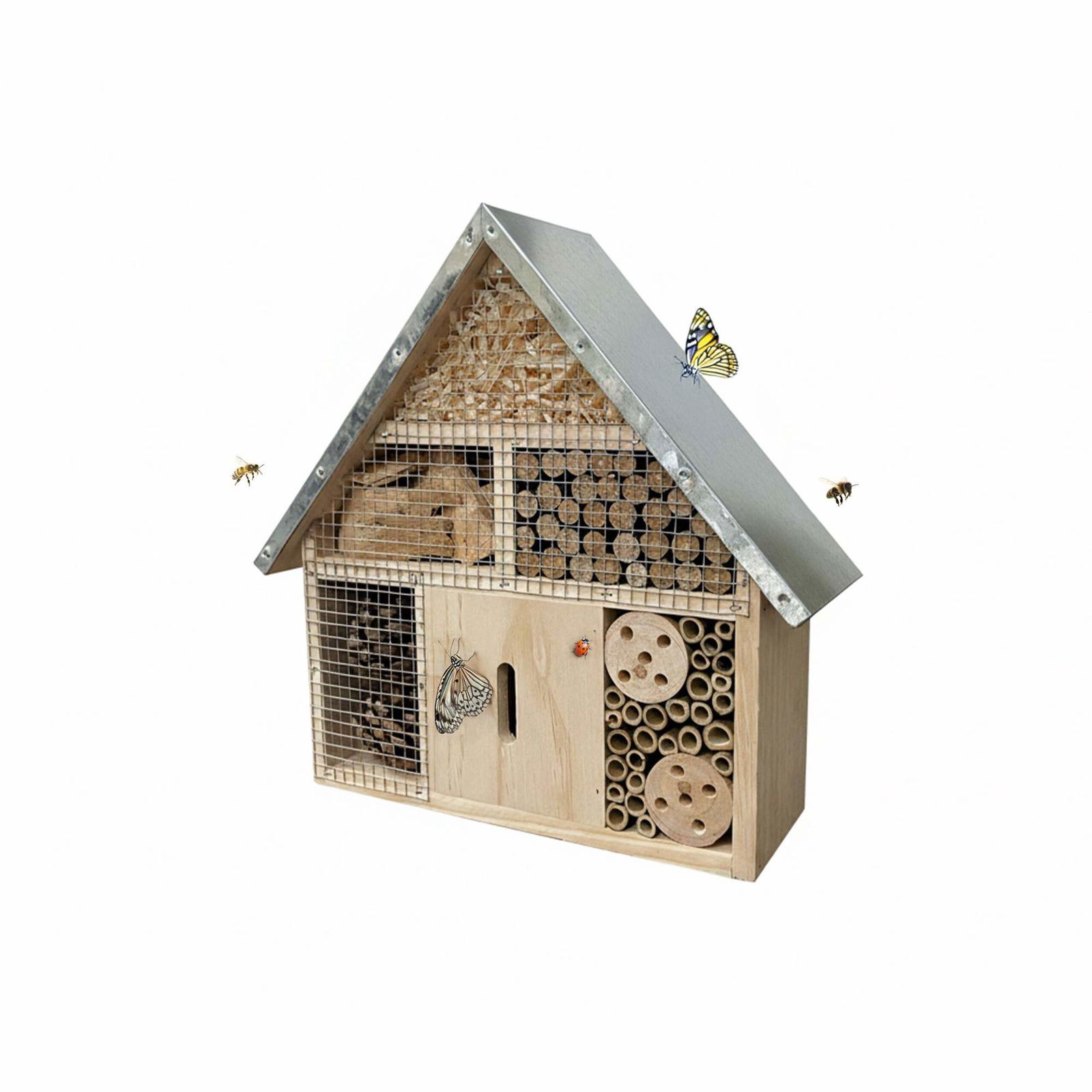 Vejrbestandigt insekthotel med metaltag