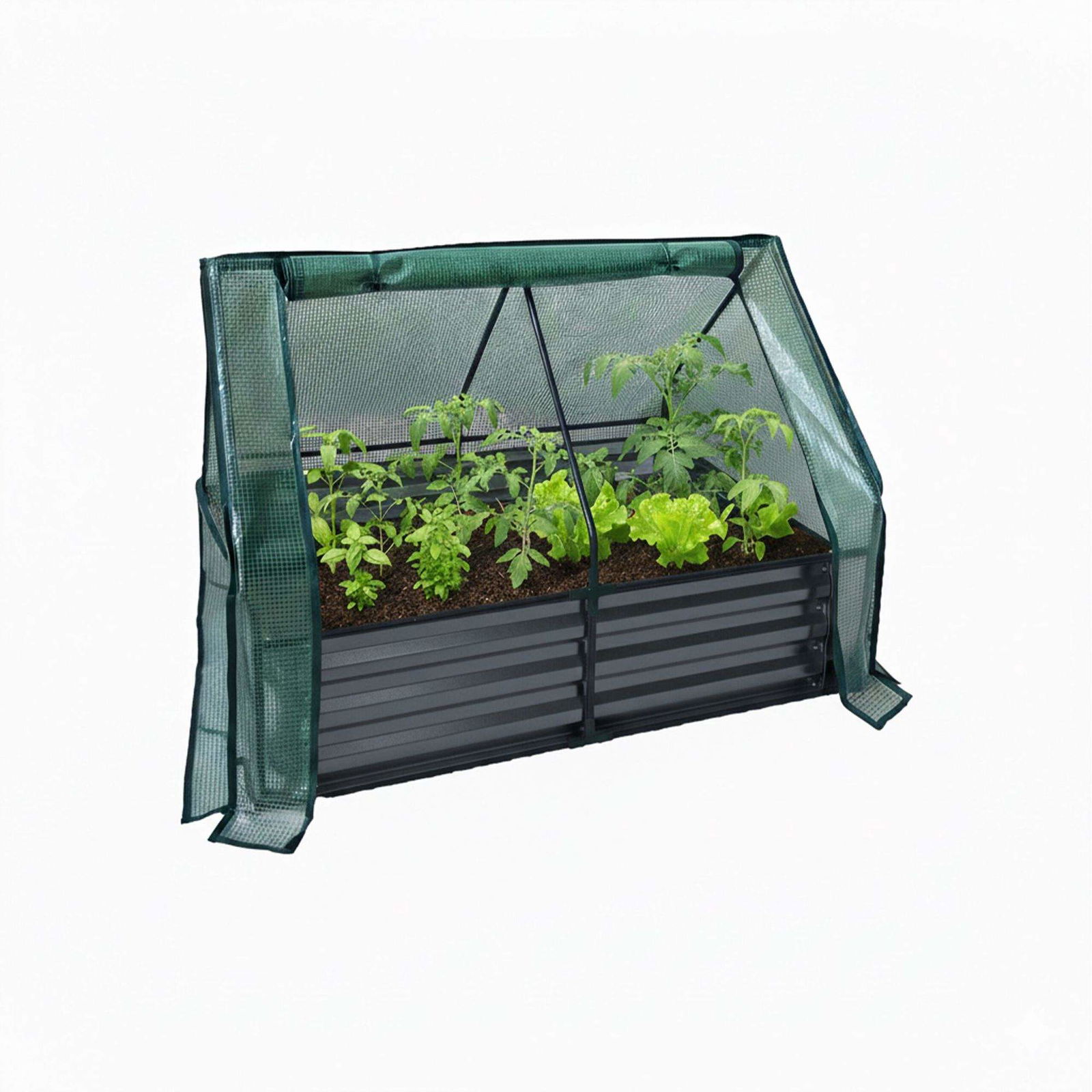 Hævet metalplantekasse med drivhusoverdækning