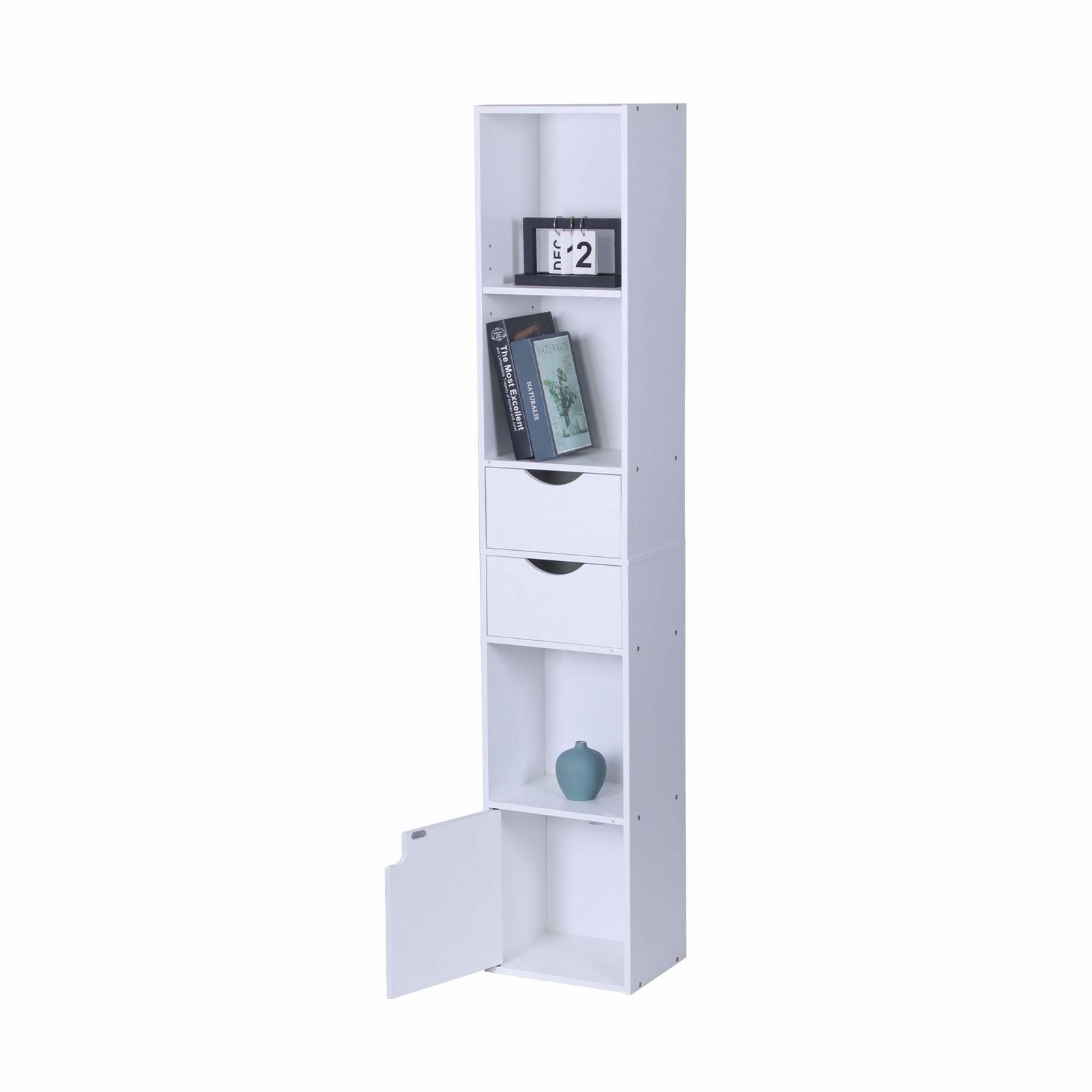 Smal fritstående reol med skuffer og skab