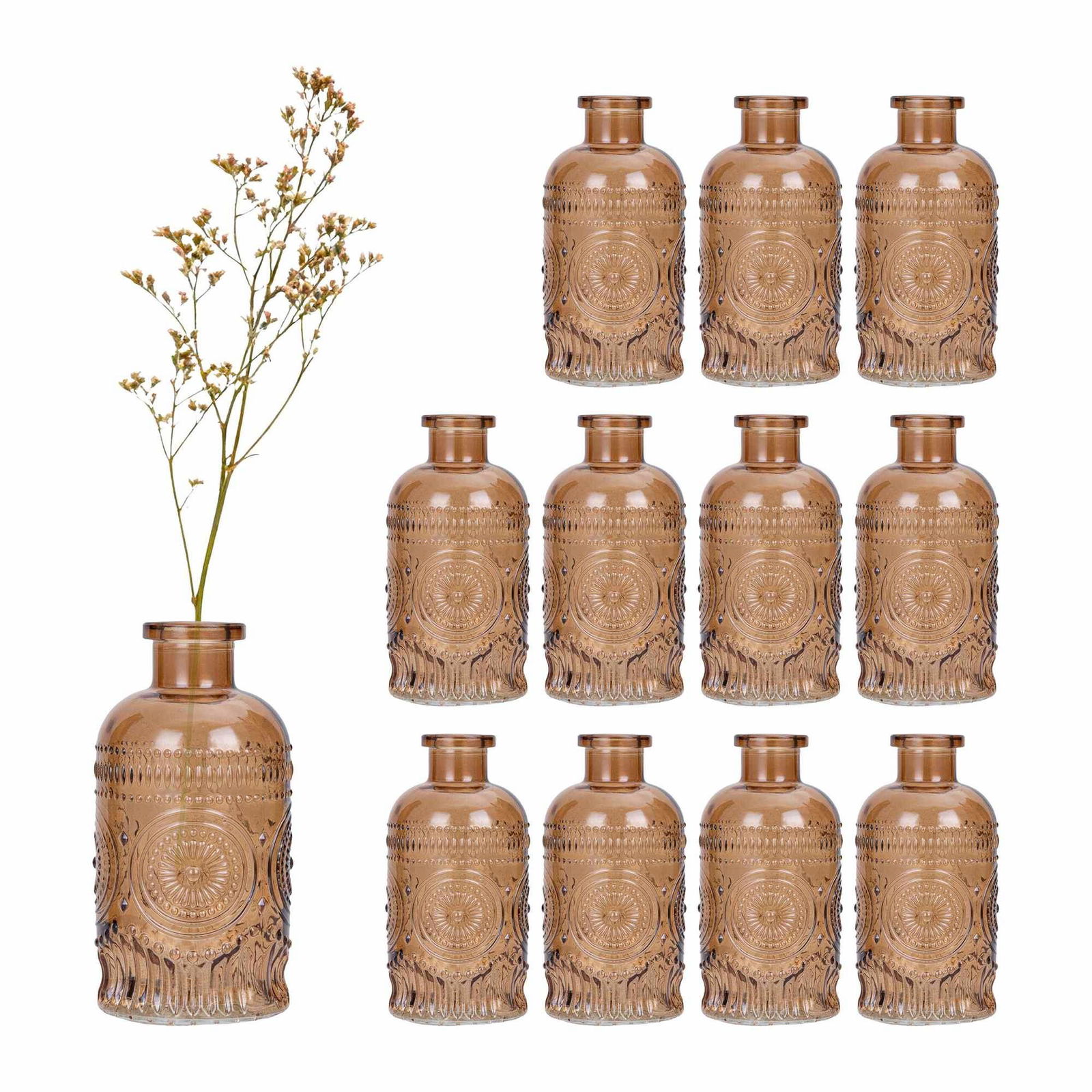 Små glasvaser sæt med 12 – præget dekorativt design