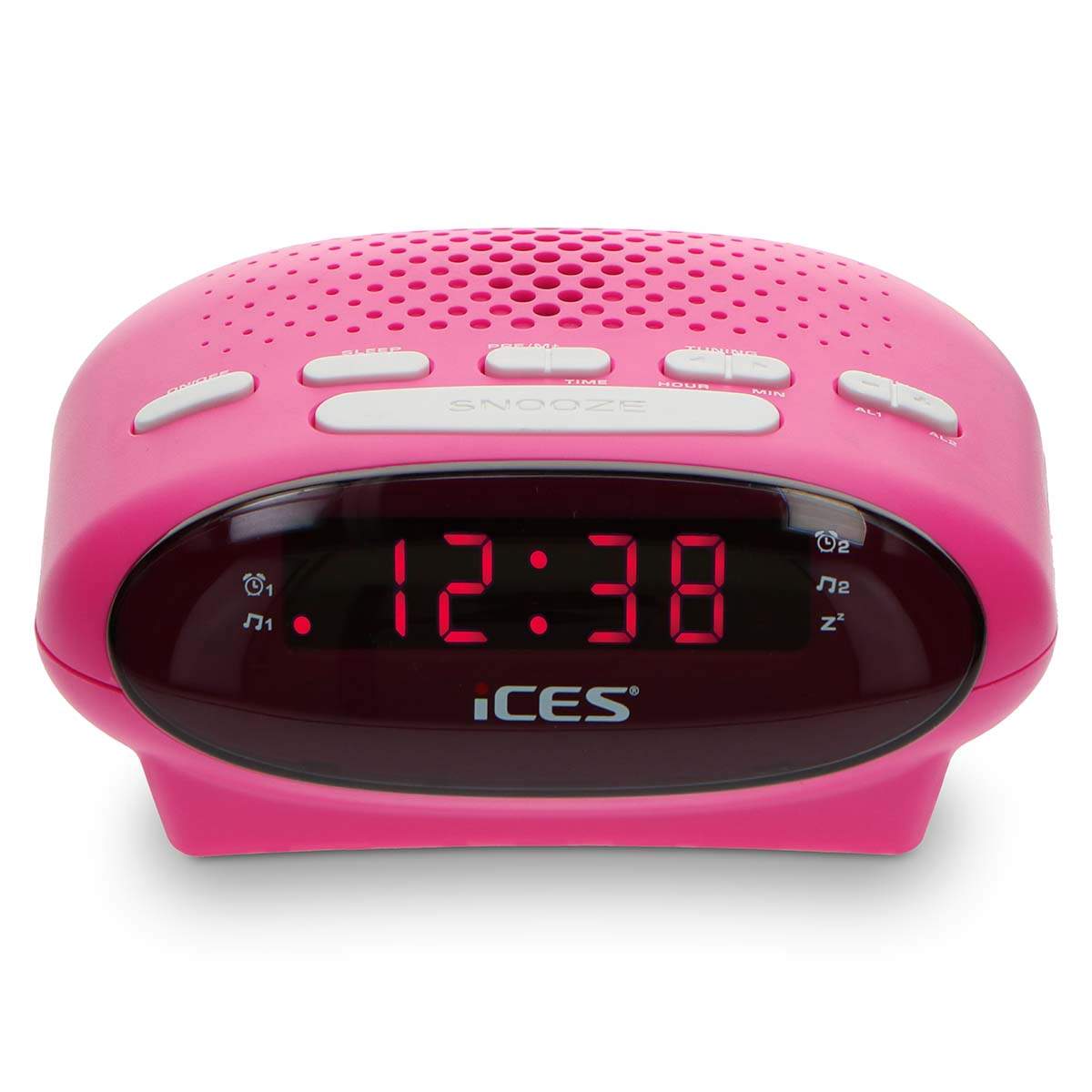 Pink FM-clockradio med snooze og dobbelt alarm billede