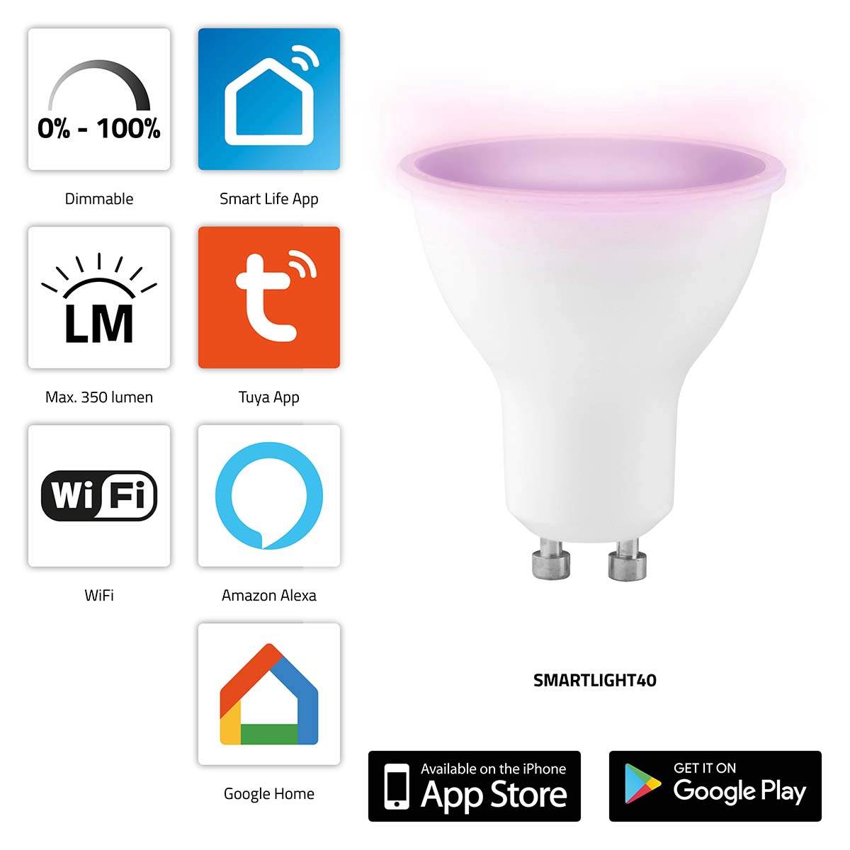 Smart Wi-Fi LED-lampe, RGB, dæmpbar, GU10-fatning