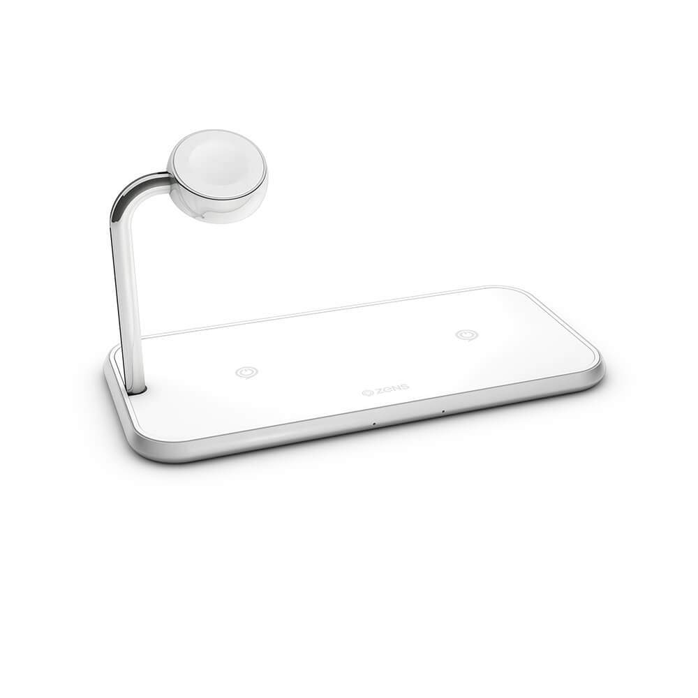 ZENS Triple Alu. Oplader QI Trådløs 220V ledning 2x10W Hvid med Apple Watch Oplader (Apple QC 7,5W)