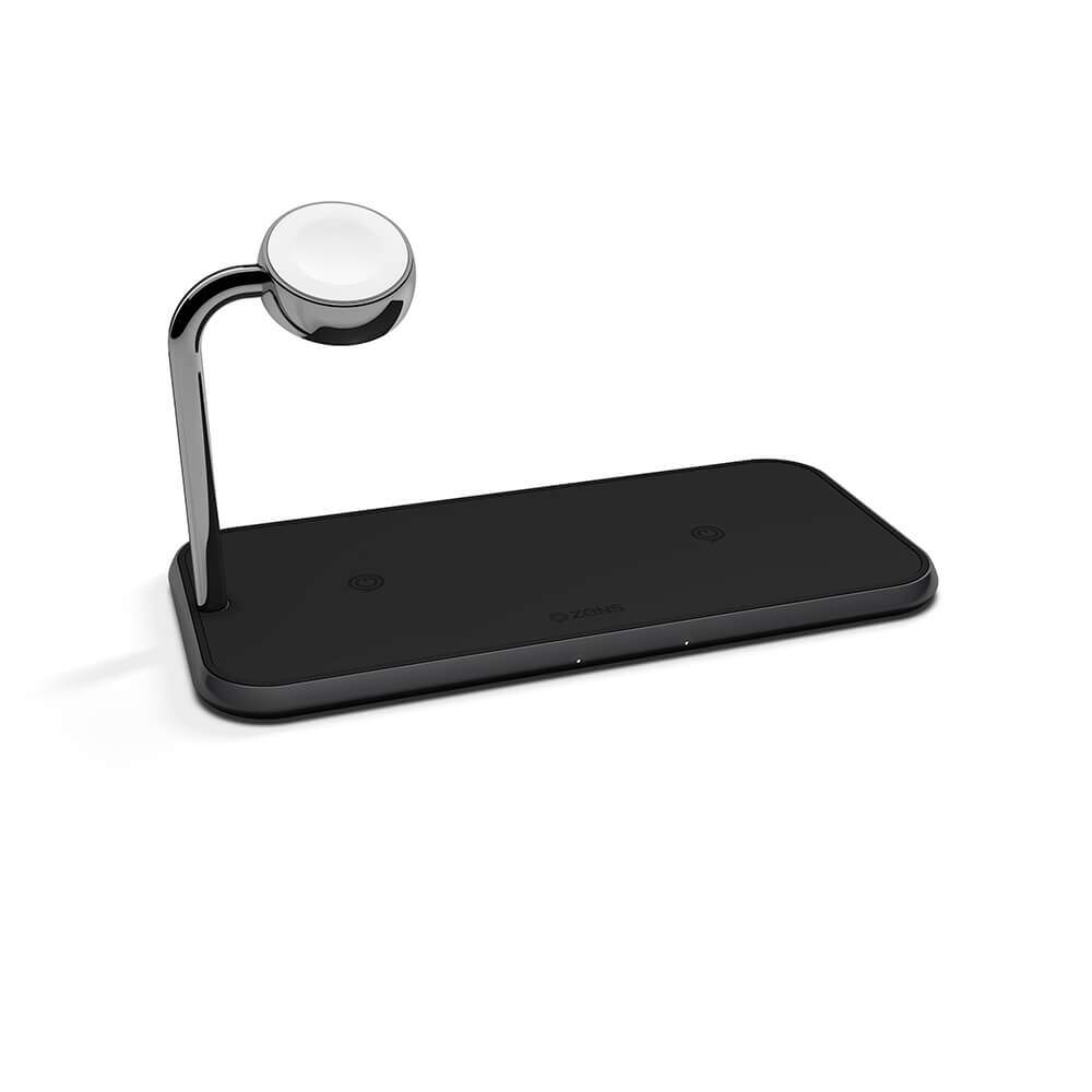 ZENS Triple Alu. Oplader QI Trådløs 220V ledning 2x10W Sort Apple Watch Oplader (Apple QC 7,5W)