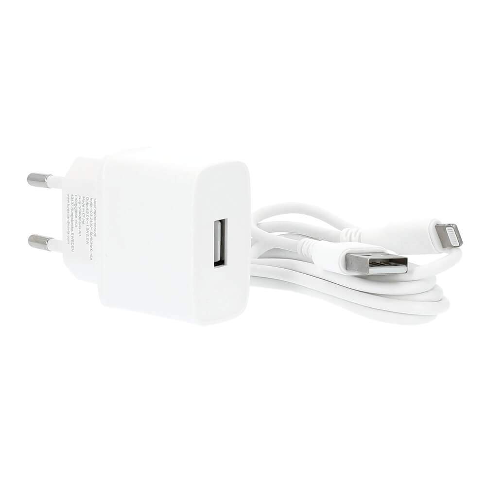 GEAR Oplader 220V 1xUSB-A 1A White Lightning Kabel 1m MFI