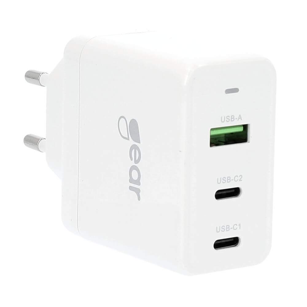 GEAR Oplader GAN 220V 2xUSB-C + 1xUSB-A PD 45W + 18W + 5A (tot. 65W) Hvid