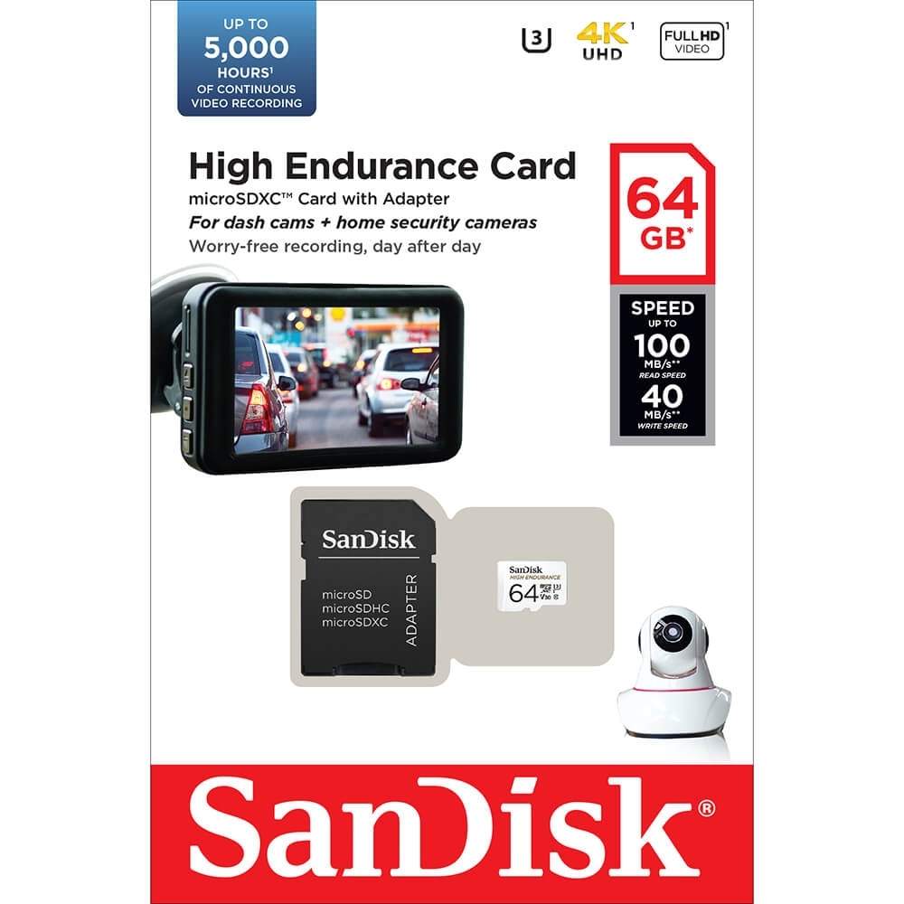 SANDISK Minneskort MicroSDXC 64GB High Endurance med adap | Elektronik - Biltillbehör - Bilkameror | Pryloteket