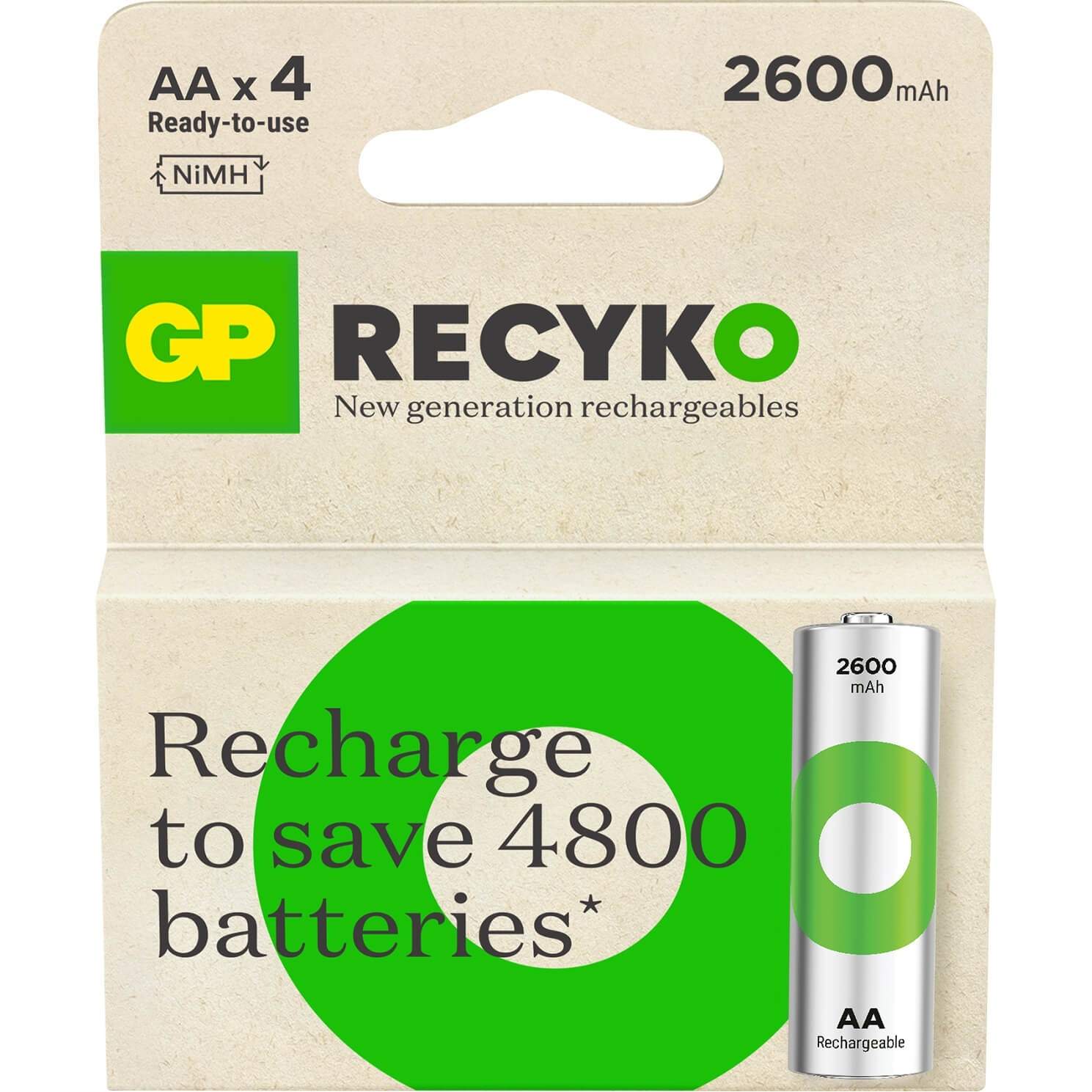 GP Recyko NiMH Batteri AA HR6 2600mAh 4-pak
