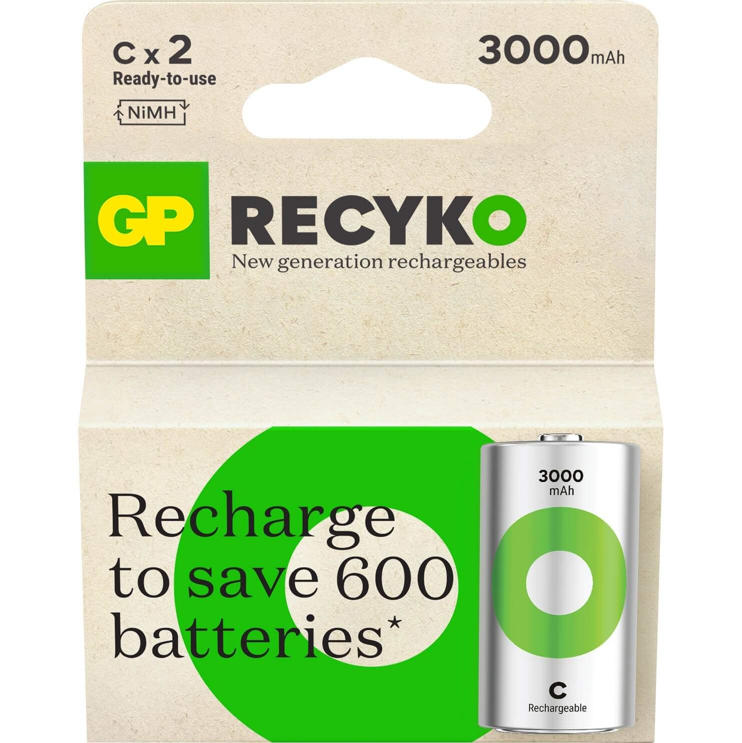 GP Recyko NiMH Batteri C HR14 3000mAh 2-pak