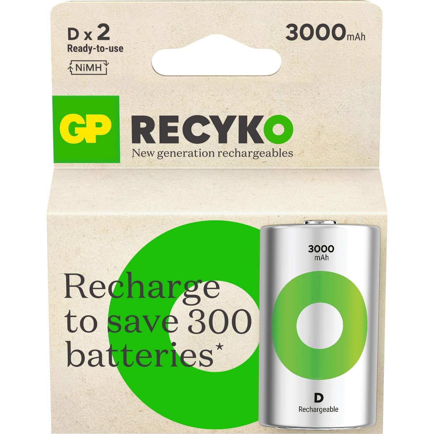 GP Recyko NiMH Batteri D HR20 3000mAh 2-pak