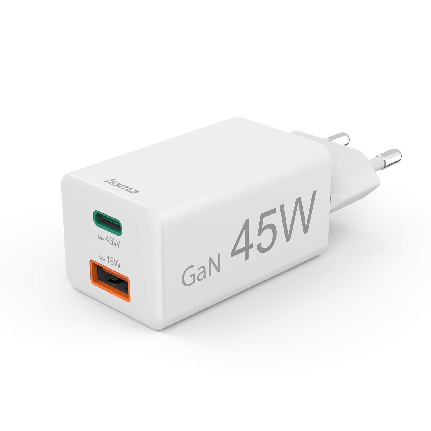 HAMA Laturi 1x USB-C 1x USB-A GaN 45W Valkoinen