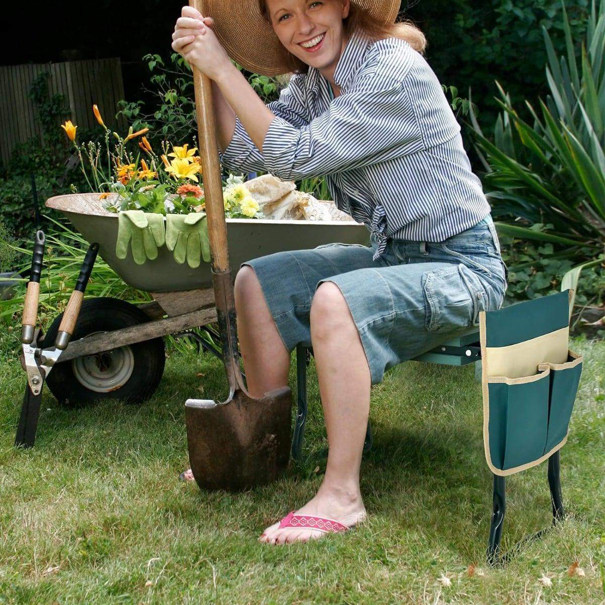 Sammenklappelig haveknæstøtte og sæde med EVA-pude og værktøjstaske