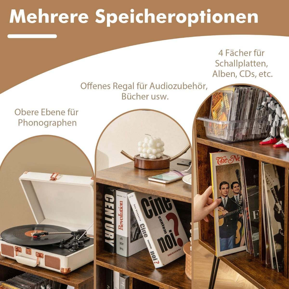 Vinylpladestativ med ladestation – Rustik brun