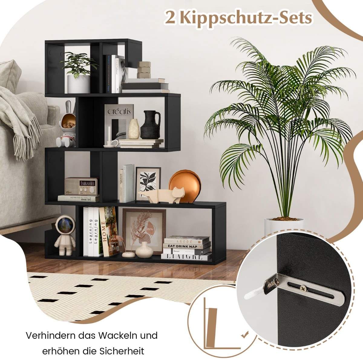 5-etagers S-formet geometrisk bogreol med åbne hylder