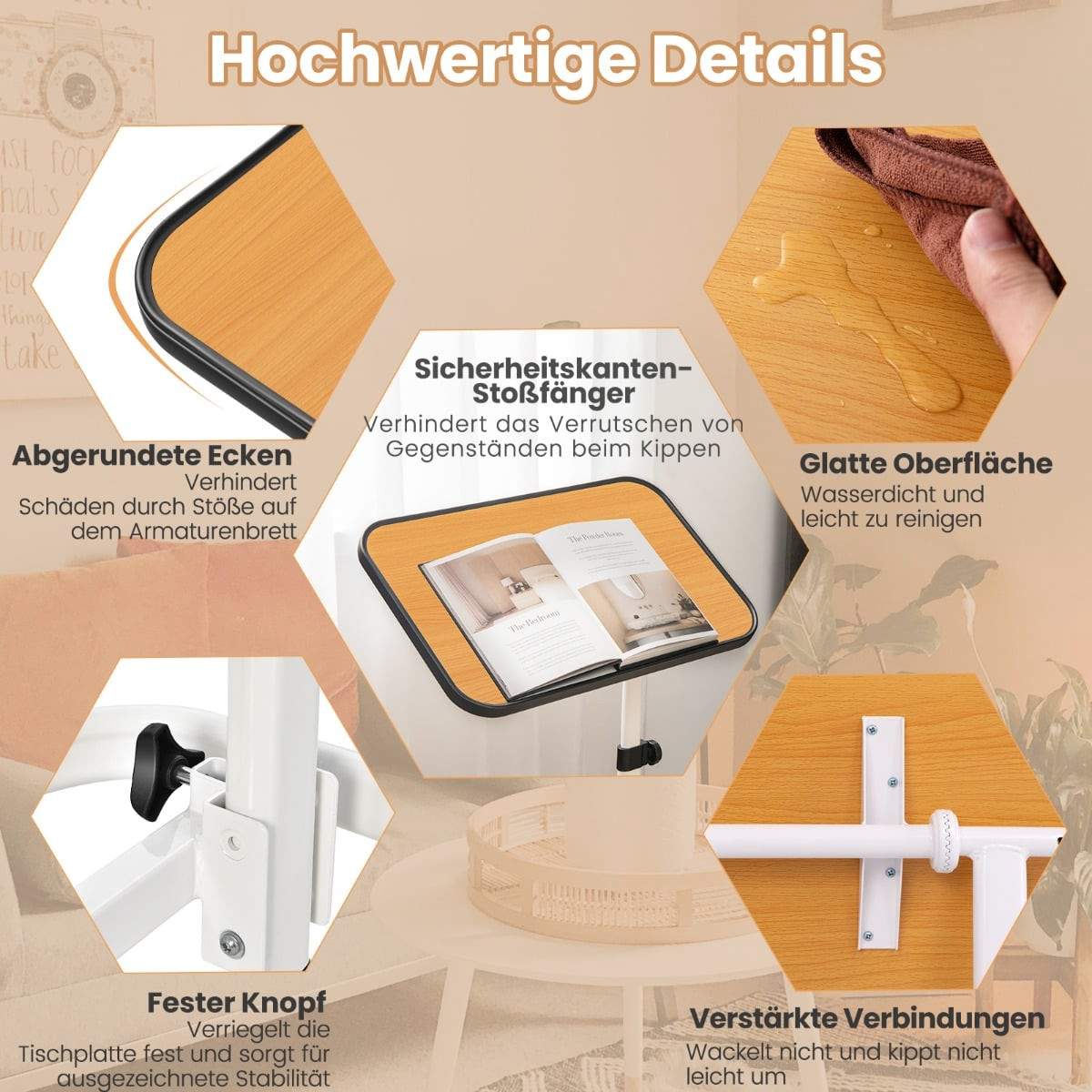 Justerbart sengebord med rullefunktion – vippebord, 73-93 cm højde