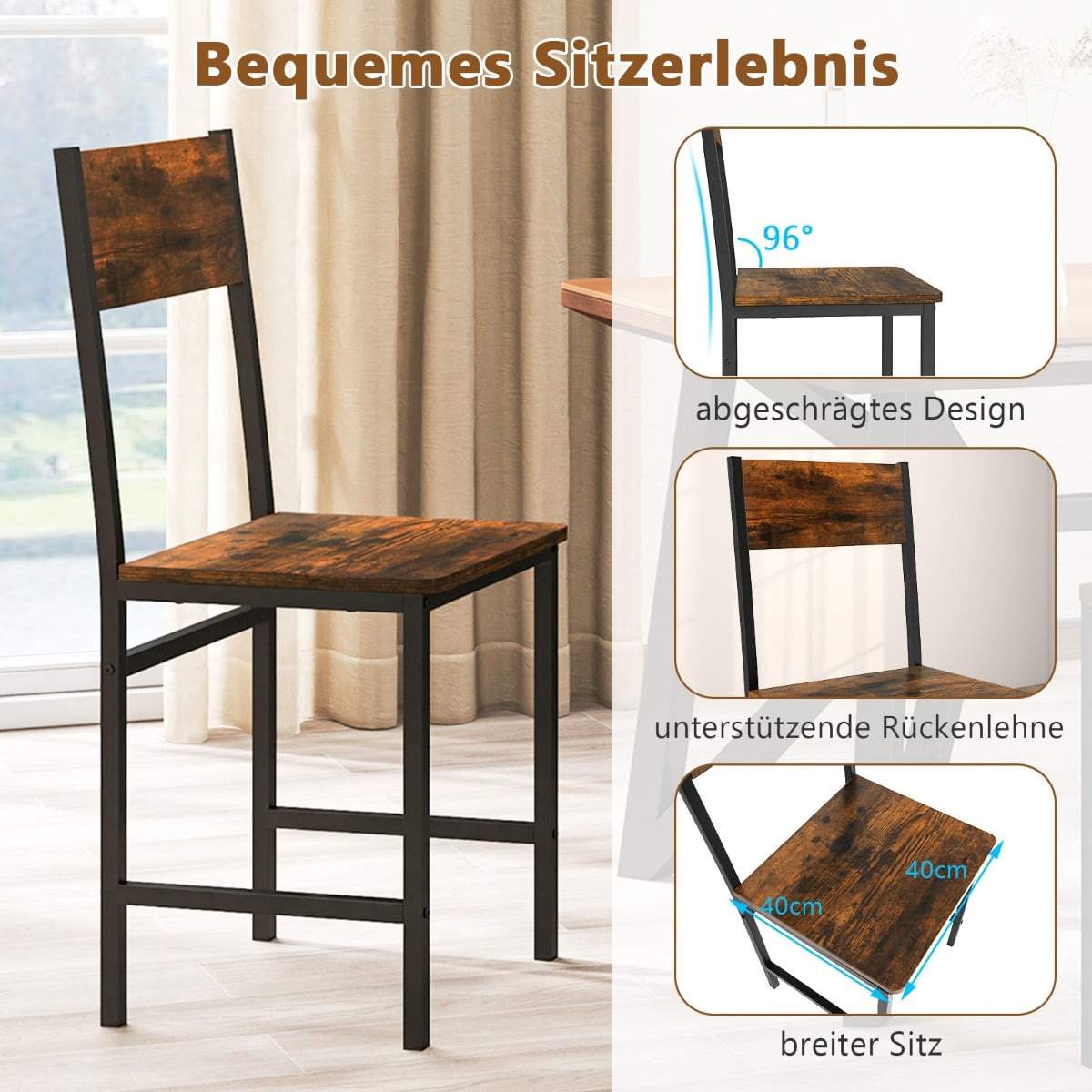 Industrielle spisestole sæt med 2, metalstel, rustik brun