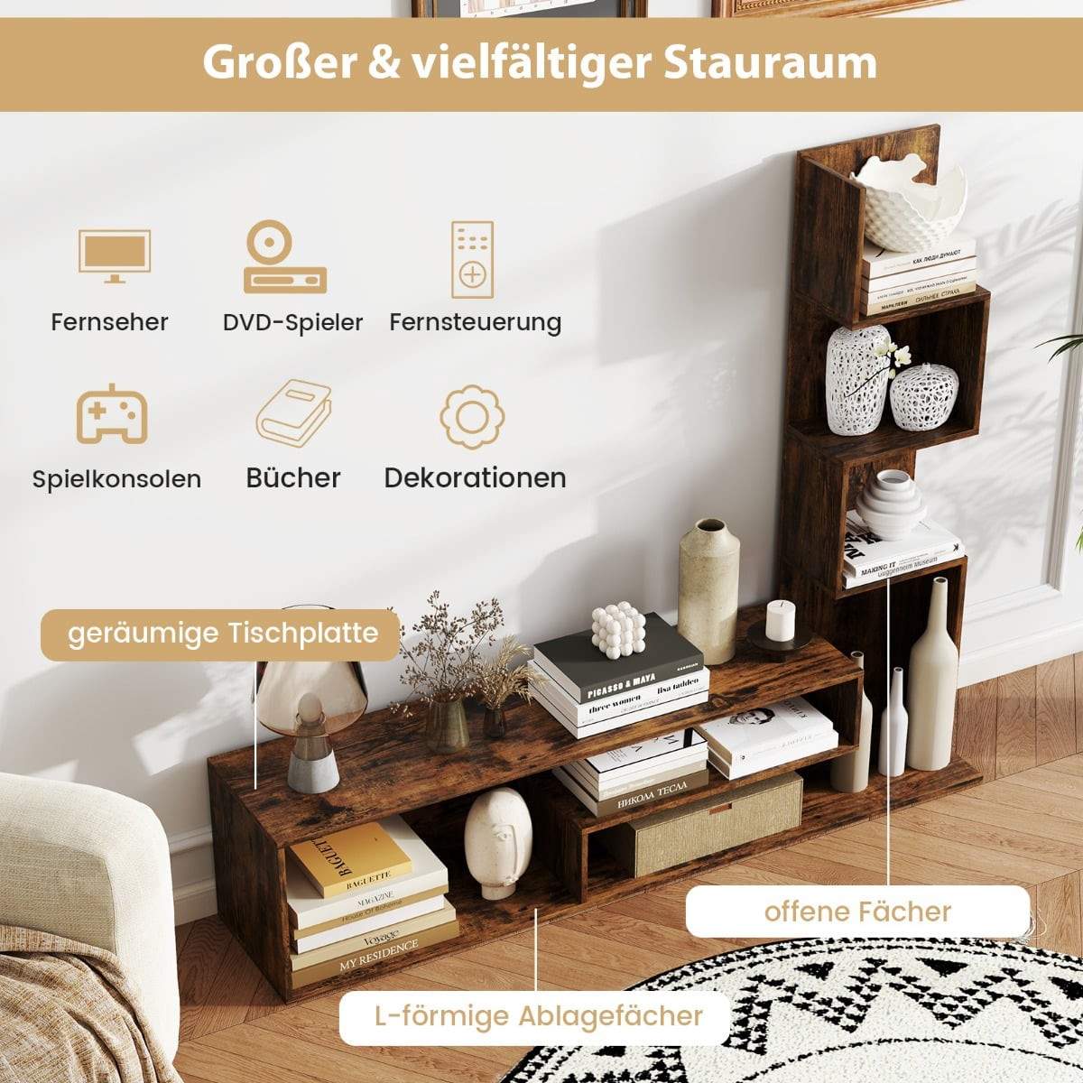 TV-bord i træ med bogreol til TV'er op til 50"