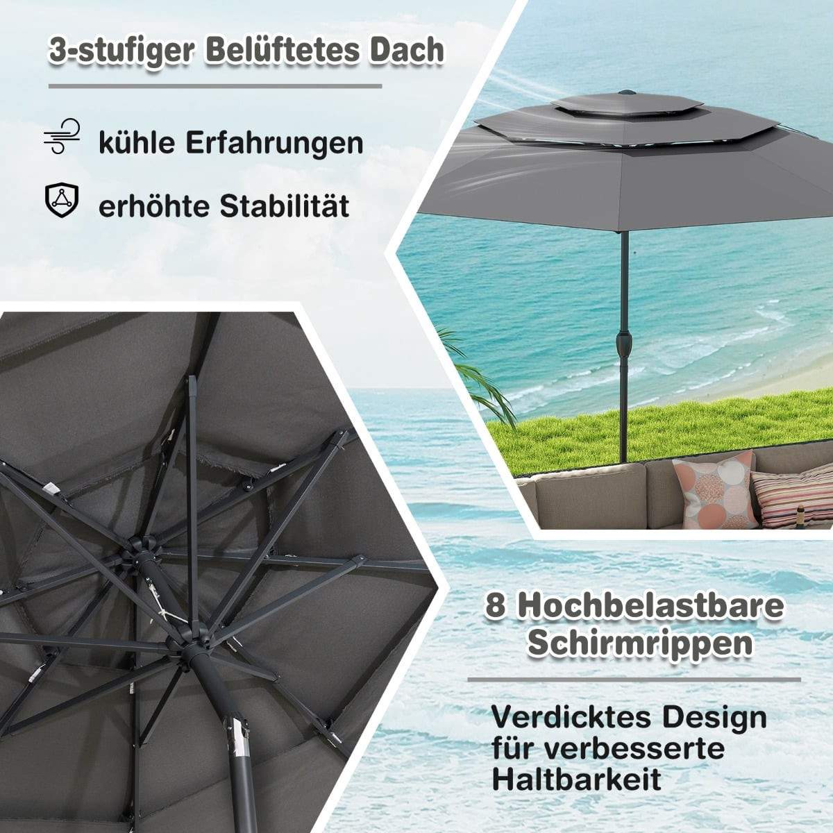 Vindtæt terrasseparasol, 300 cm, vippe- og drejefunktion, grå